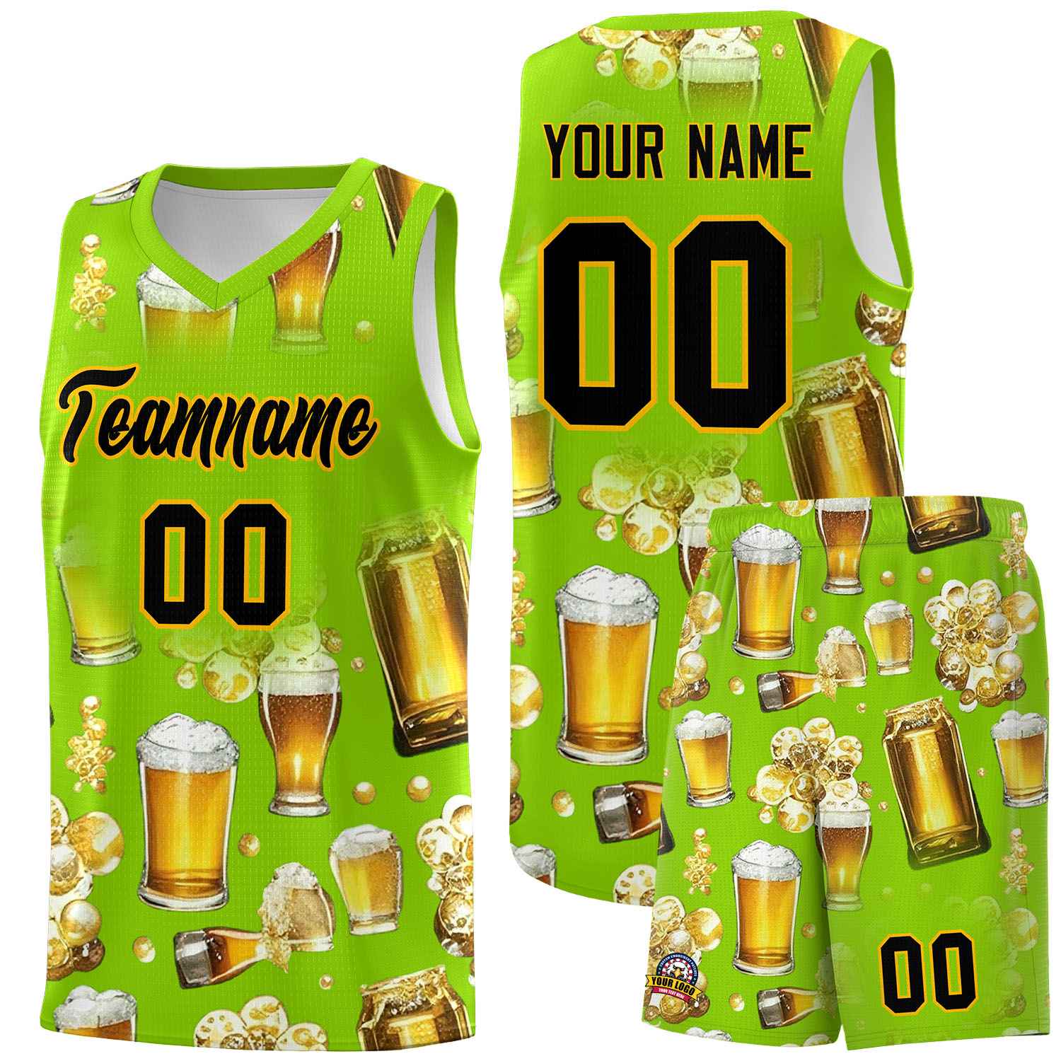 Custom Neon Green National Beer Day Personalized Beer Bubble Basketball Jersey | Perfect for parties | Dye-sublimation printing | KXKSHOP