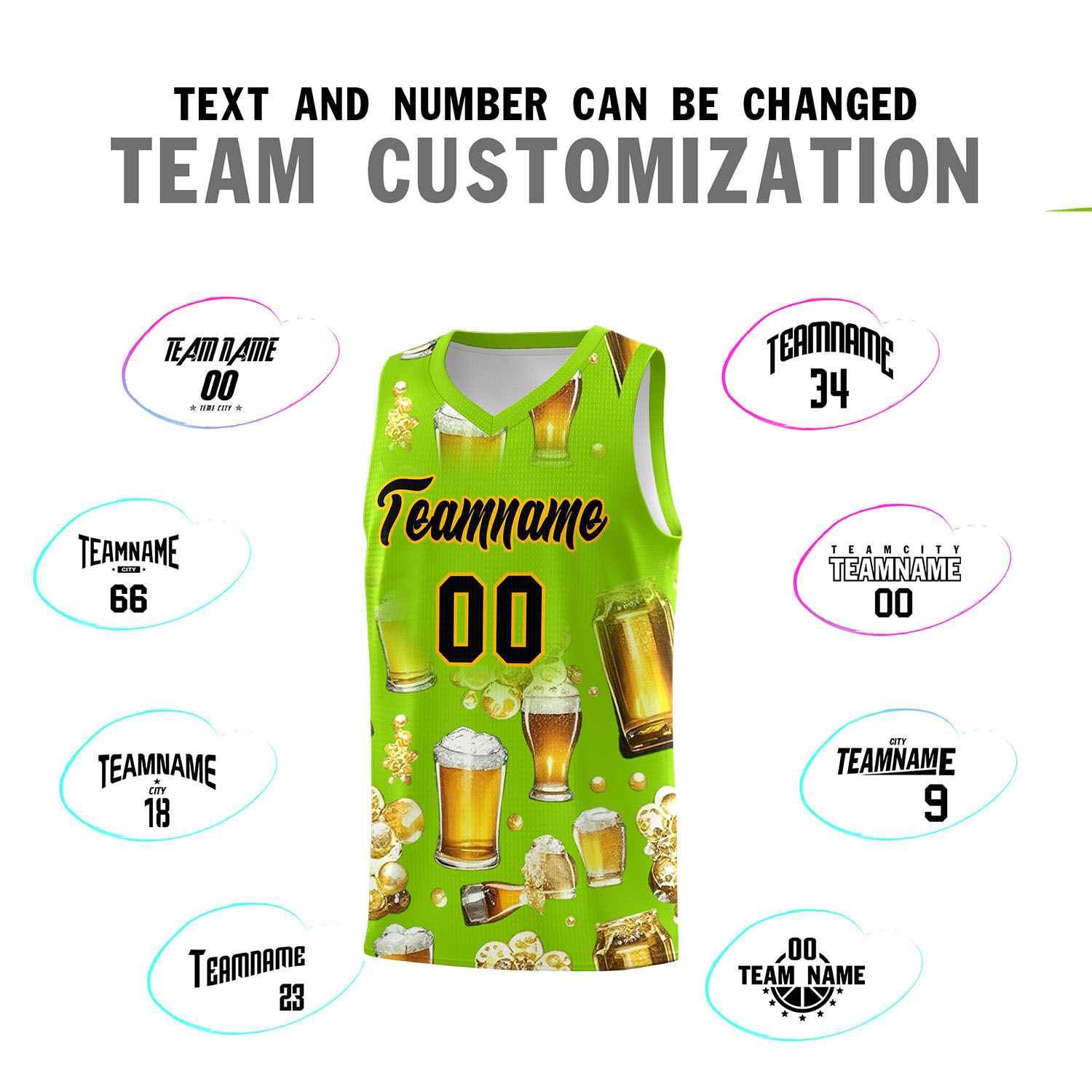 Custom Neon Green National Beer Day Personalized Beer Bubble Basketball Jersey | Perfect for parties | Dye-sublimation printing | KXKSHOP
