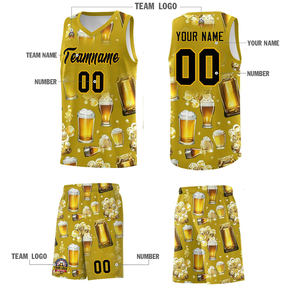 Custom Old Gold National Beer Day Personalized Beer Bubble Basketball Jersey | Perfect for parties | Dye-sublimation printing | KXKSHOP