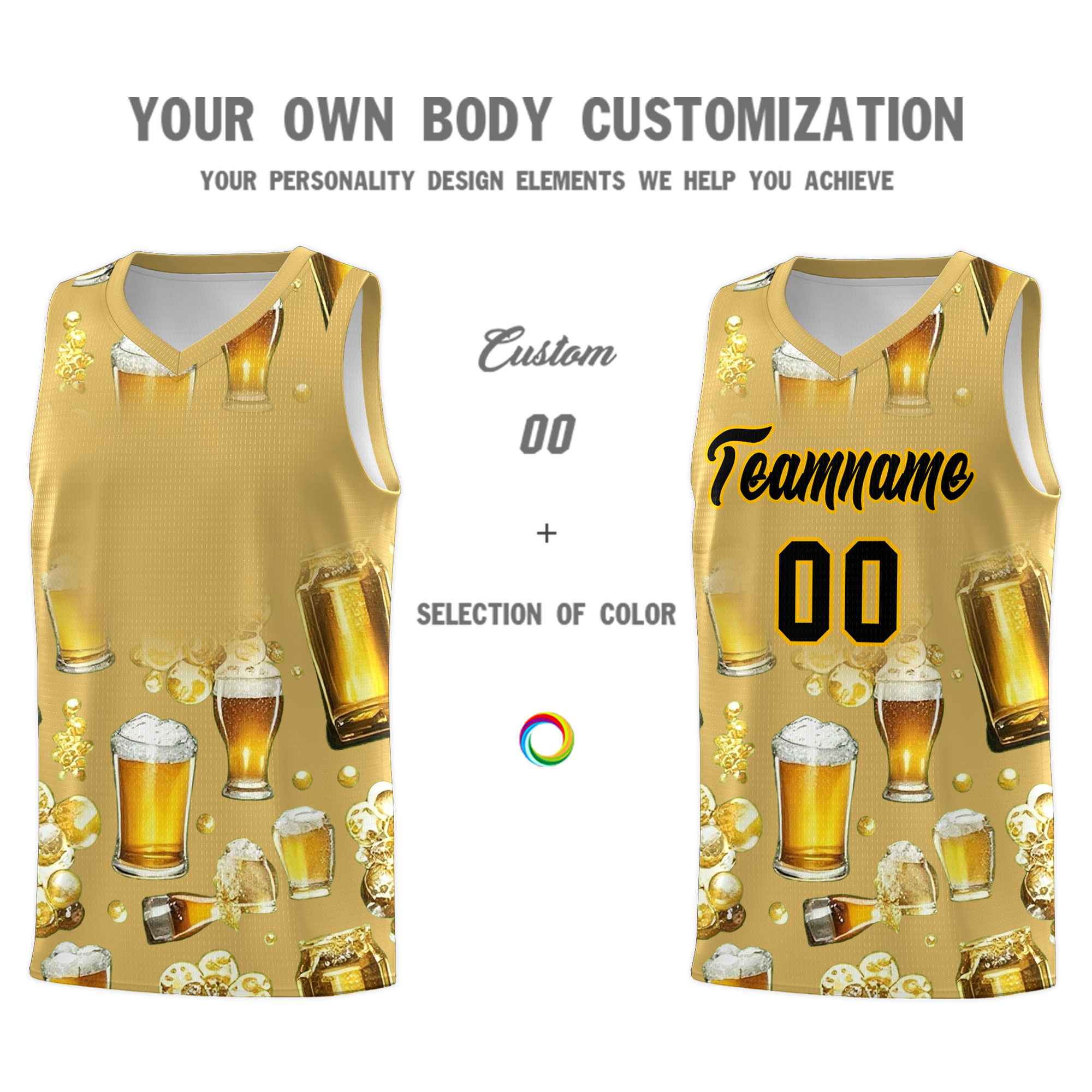 Custom Old Gold National Beer Day Personalized Beer Bubble Basketball Jersey | Perfect for parties | Dye-sublimation printing | KXKSHOP