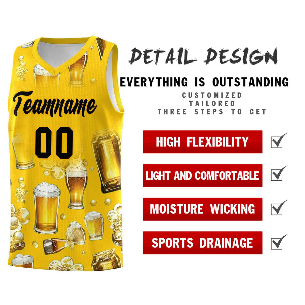 Custom Gold National Beer Day Personalized Beer Bubble Basketball Jersey | Perfect for parties | Dye-sublimation printing | KXKSHOP