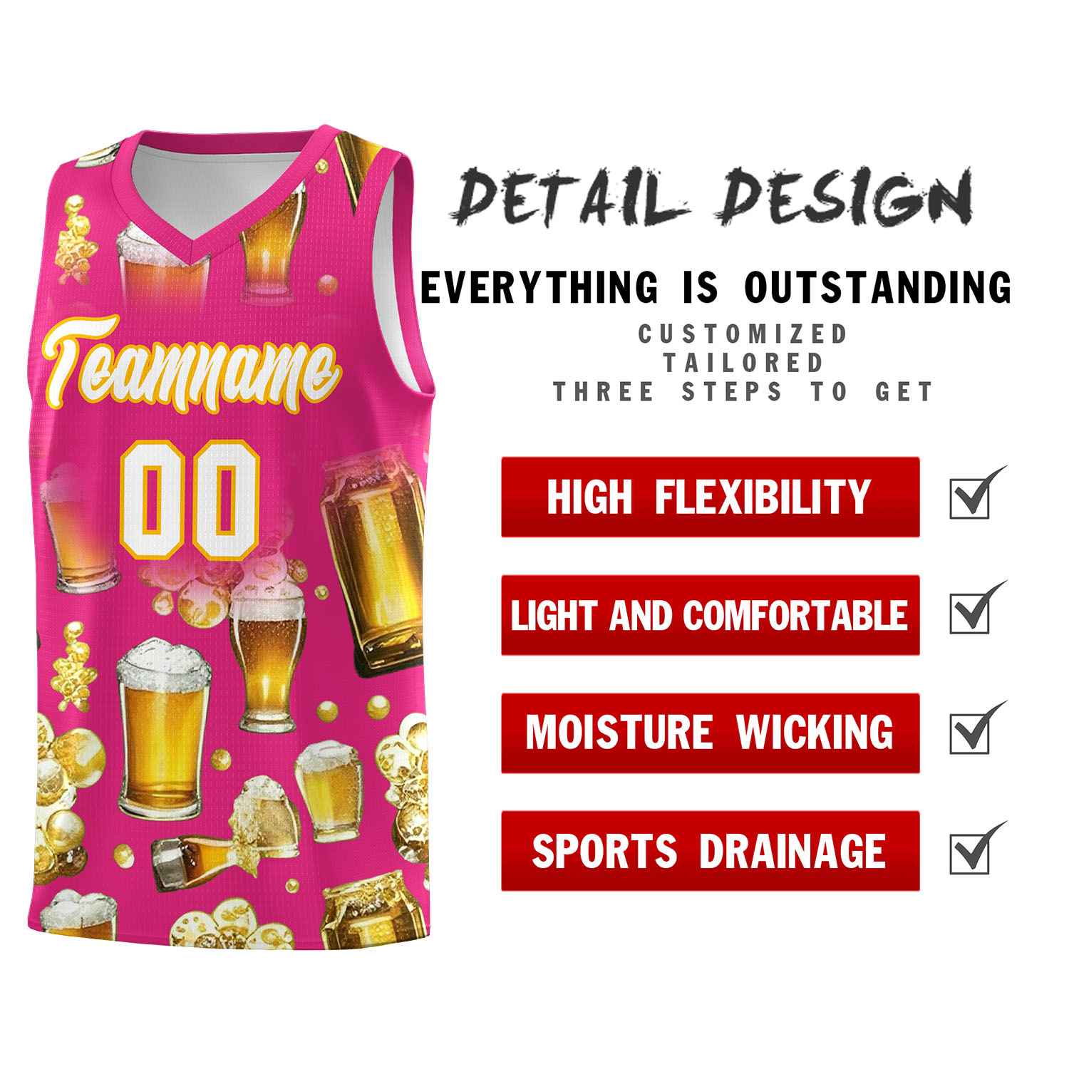Custom Rose Red National Beer Day Personalized Beer Bubble Basketball Jersey | Perfect for parties | Dye-sublimation printing | KXKSHOP