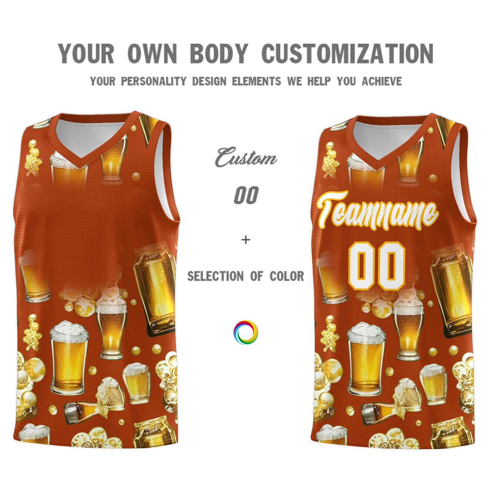 Custom Dark Orange National Beer Day Personalized Beer Bubble Basketball Jersey | Perfect for parties | Dye-sublimation printing | KXKSHOP