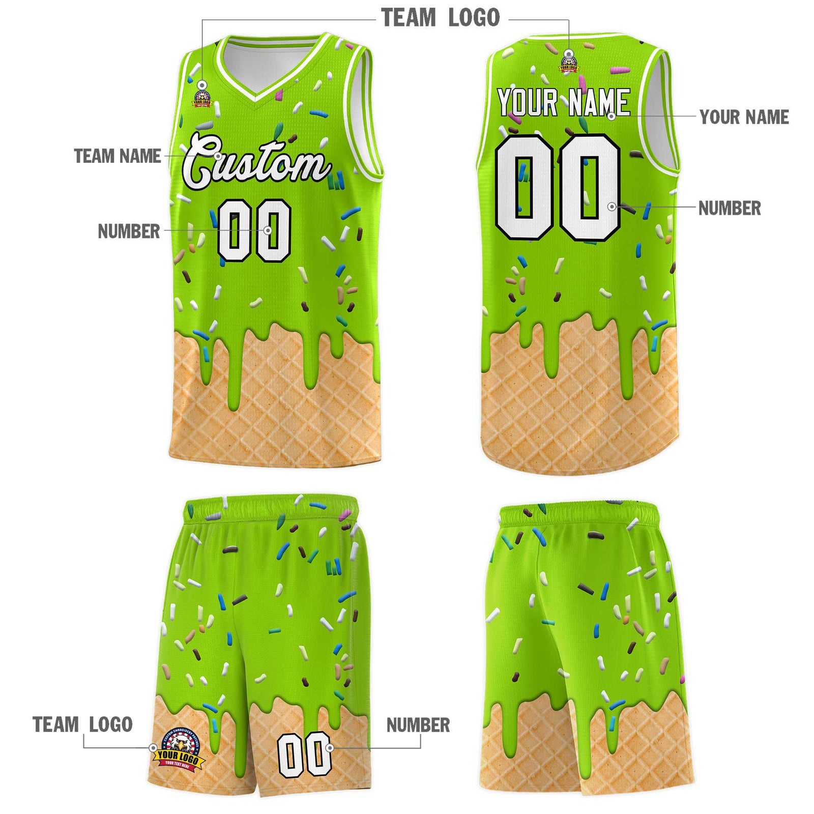 Custom Neon Green Basketball Kits with Ice Cream Element Pattern