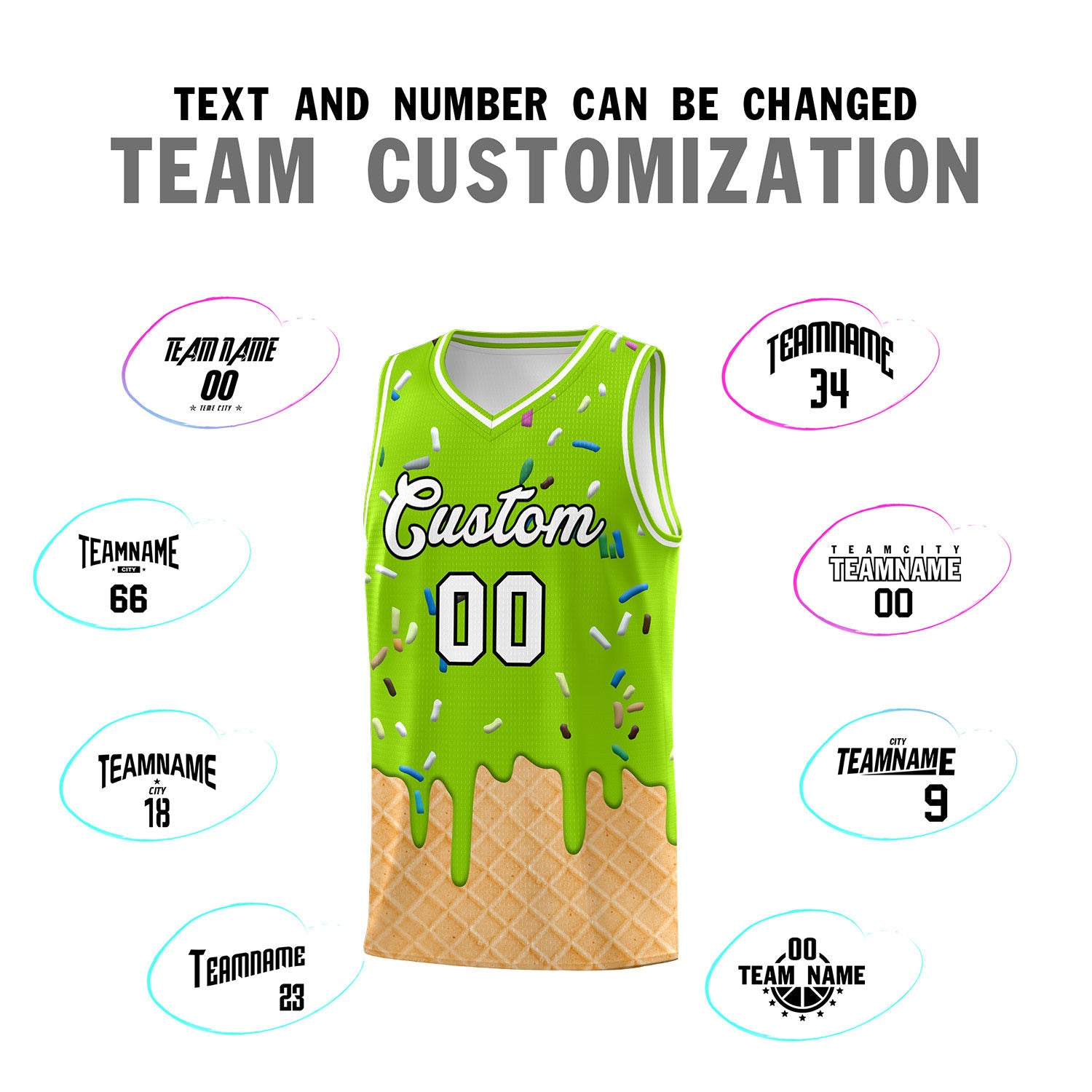 Custom Neon Green Basketball Kits with Ice Cream Element Pattern