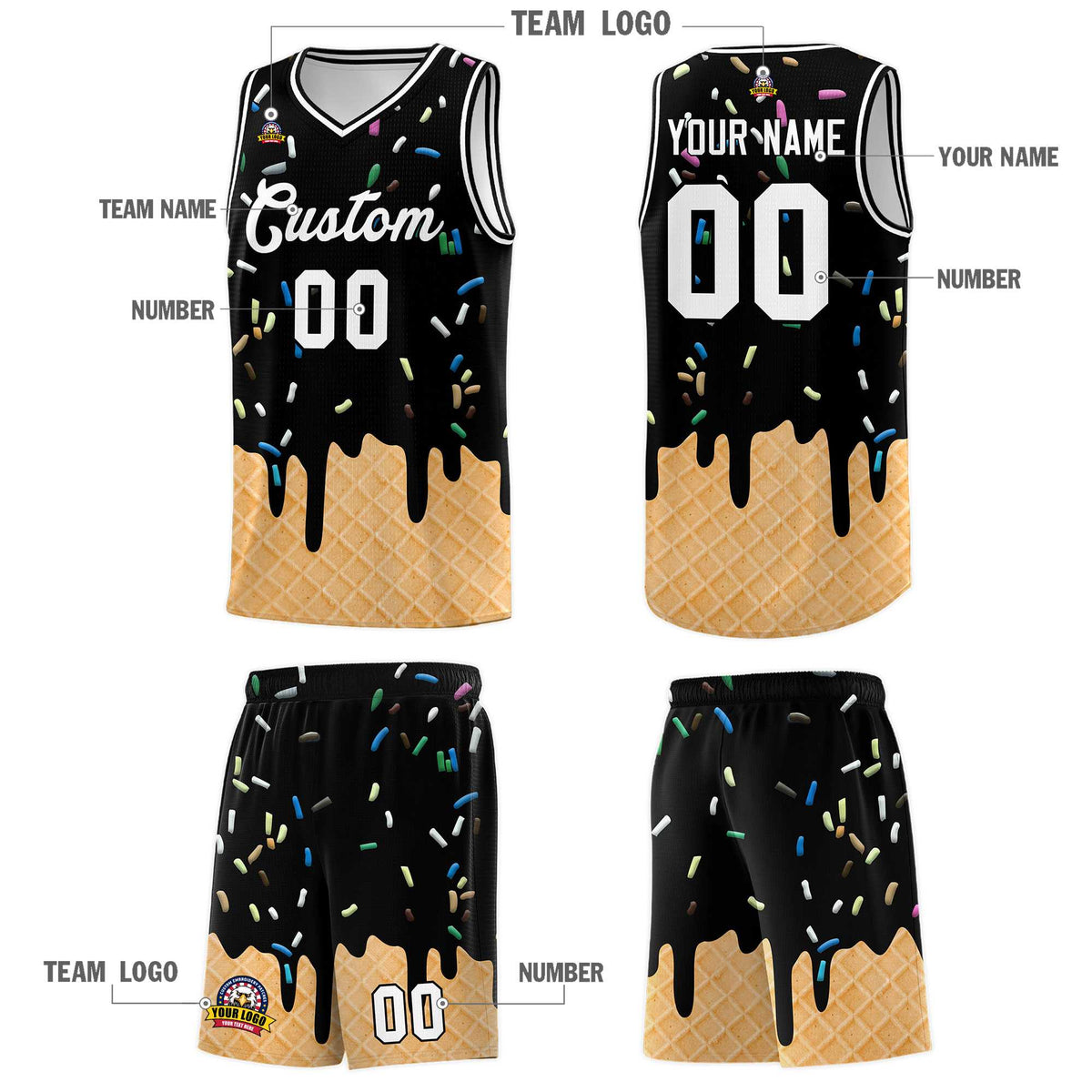 Custom Black Basketball Kits with Ice Cream Element Pattern