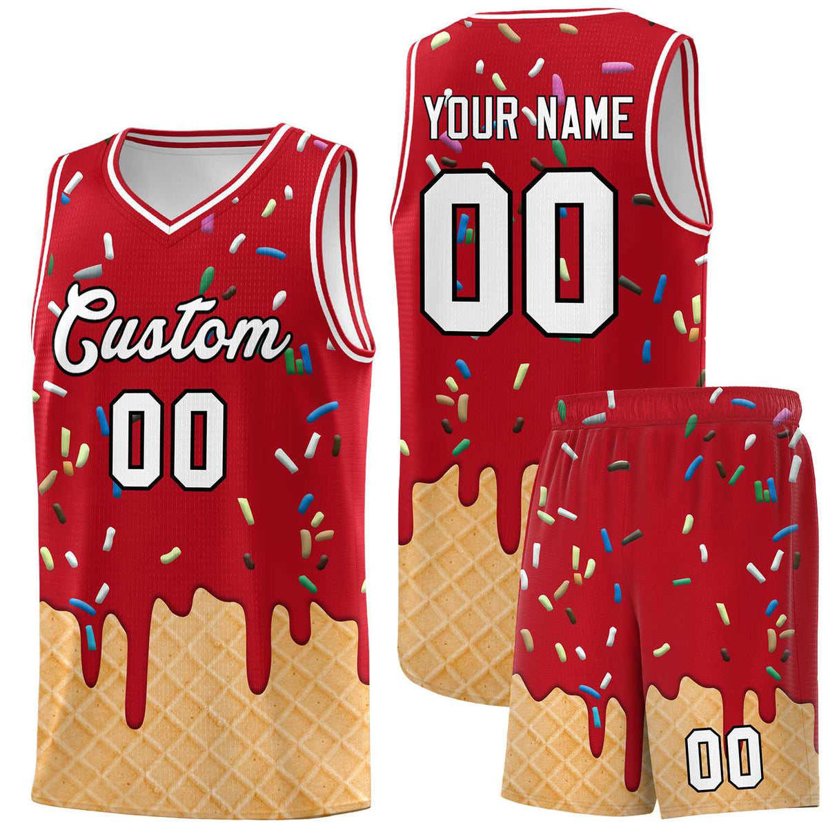 Custom Red Basketball Kits with Ice Cream Element Pattern