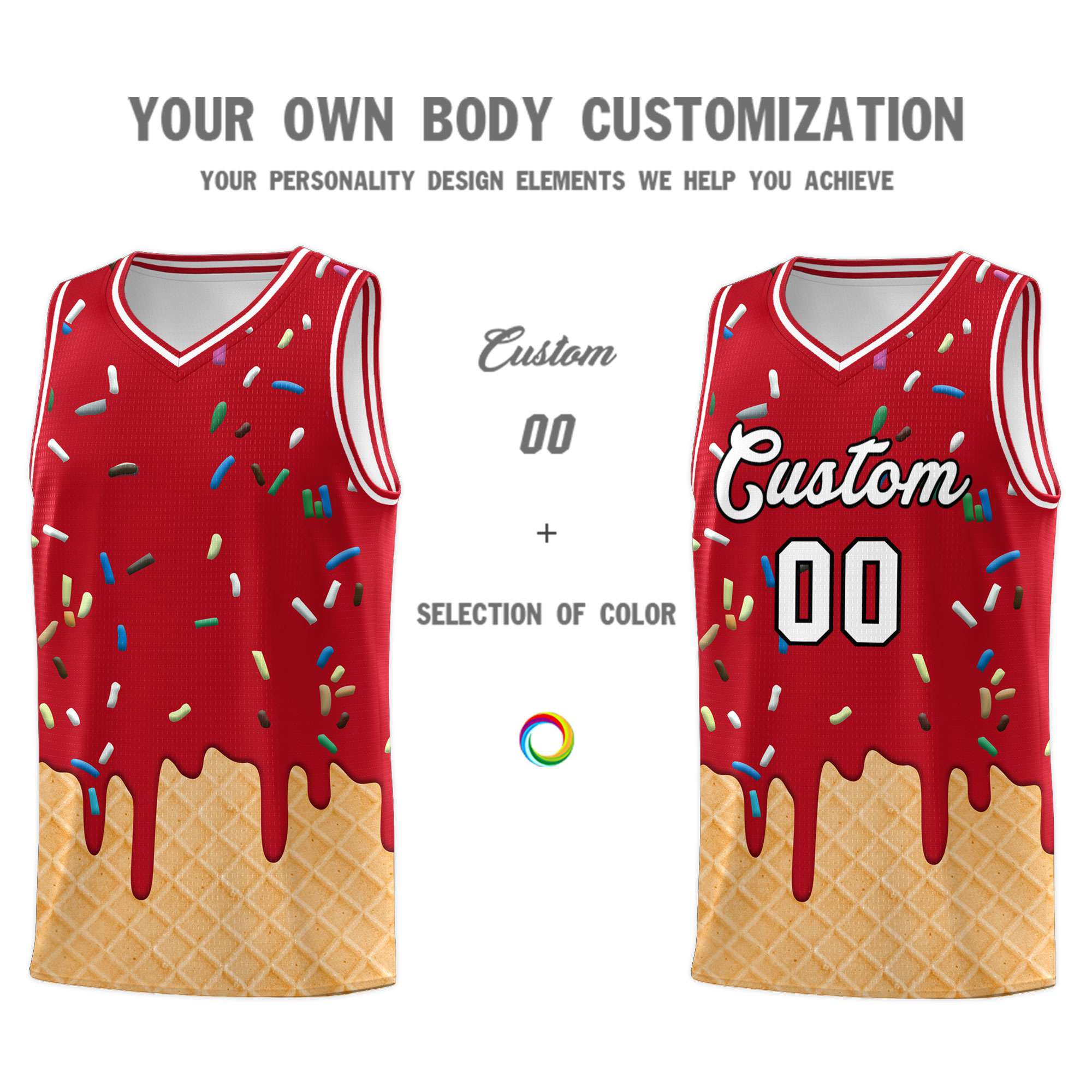 Custom Red Basketball Kits with Ice Cream Element Pattern