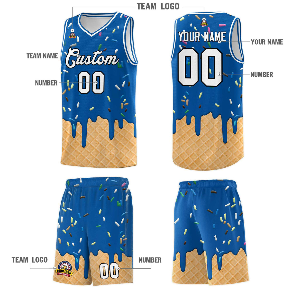 Custom Royal Basketball Kits with Ice Cream Element Pattern