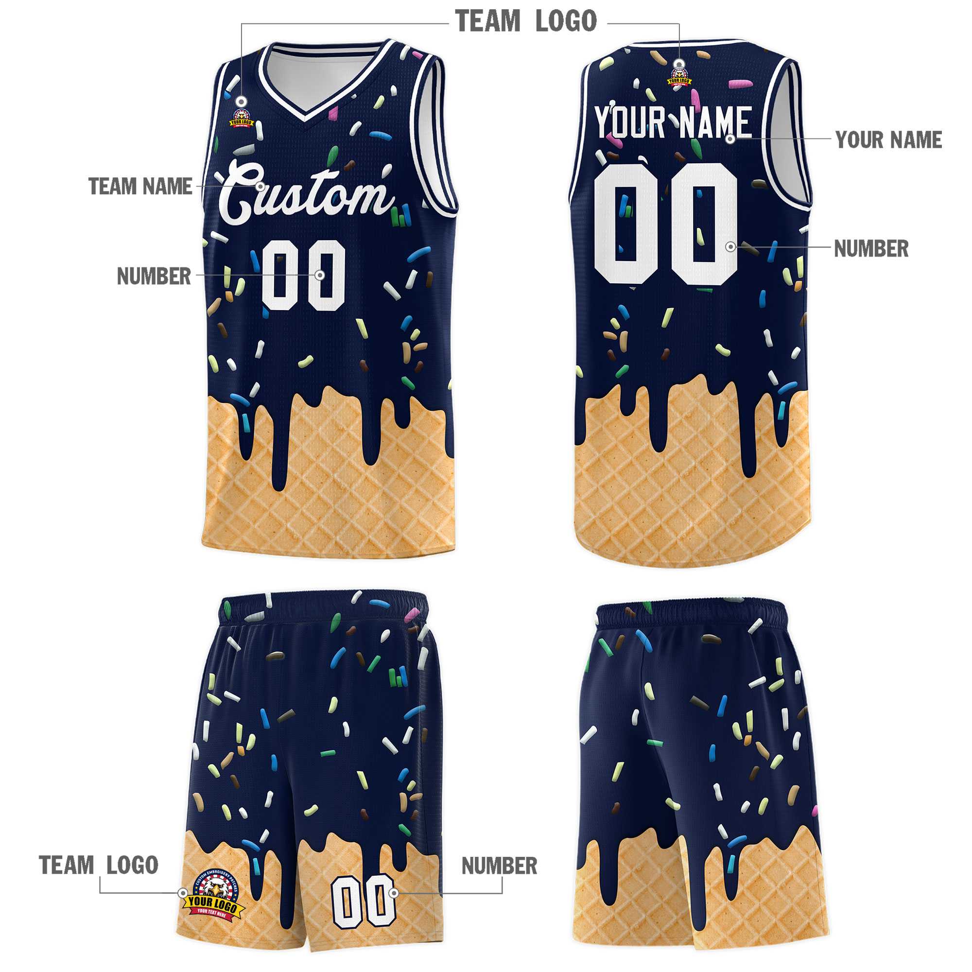 Custom Navy Basketball Kits with Ice Cream Element Pattern