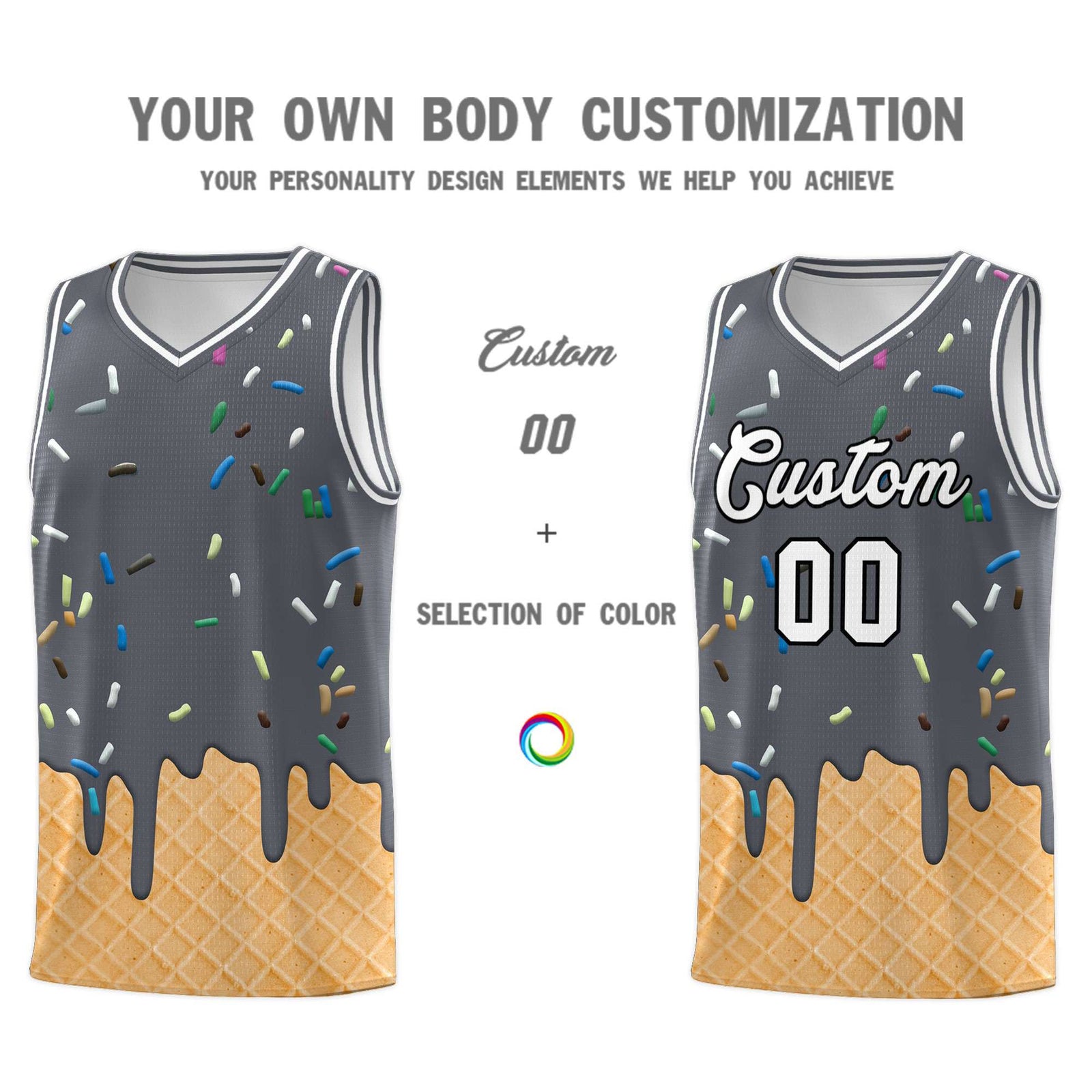 Custom Gray Basketball Kits with Ice Cream Element Pattern