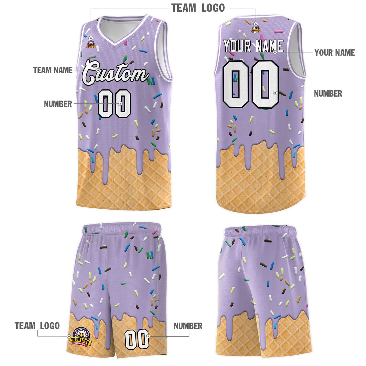 Custom Light Purple Basketball Kits with Ice Cream Element Pattern