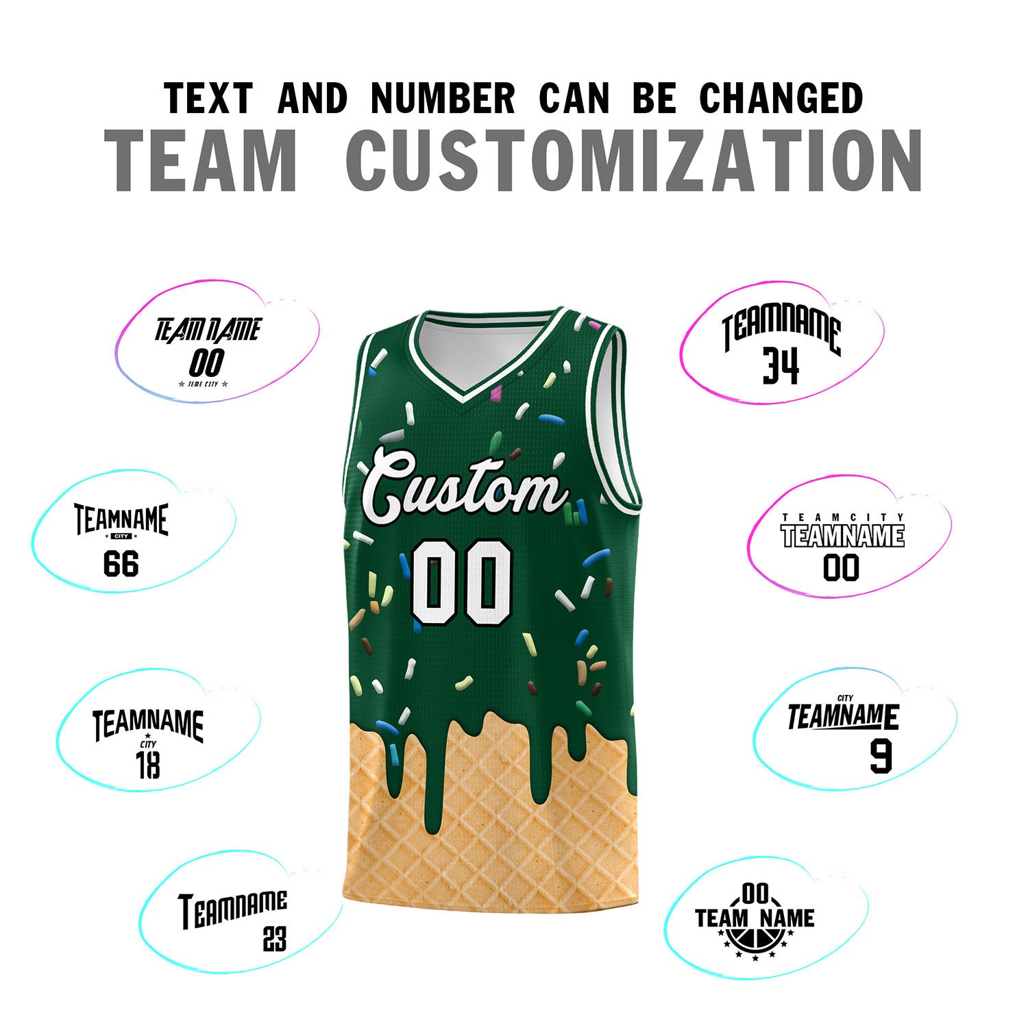 Custom Green Basketball Kits with Ice Cream Element Pattern