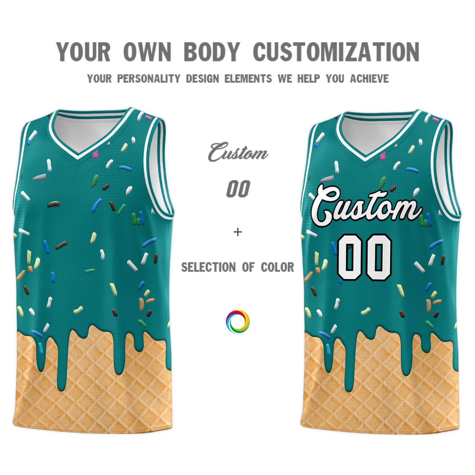 Custom Teal Basketball Kits with Ice Cream Element Pattern