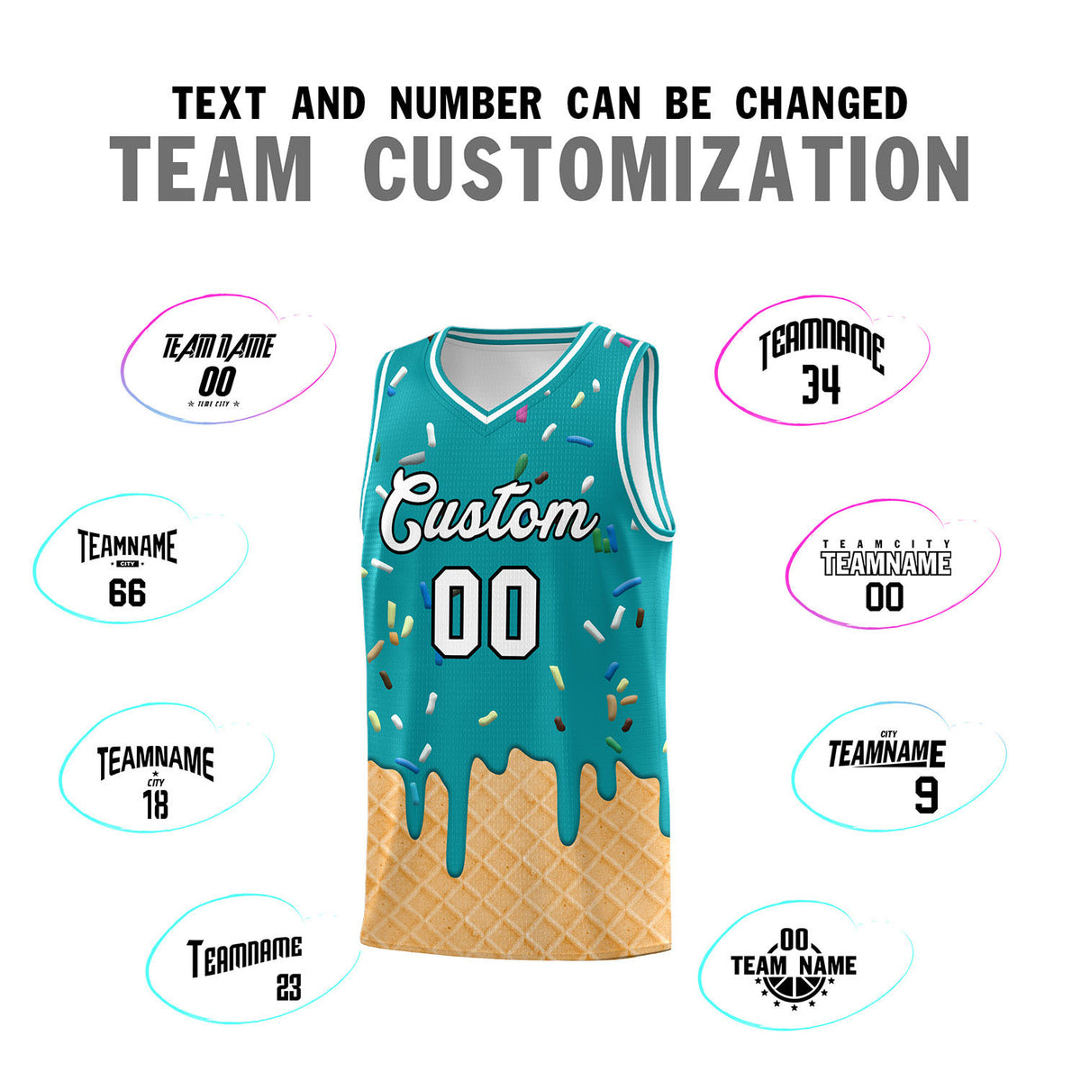 Custom Aqua Basketball Kits with Ice Cream Element Pattern