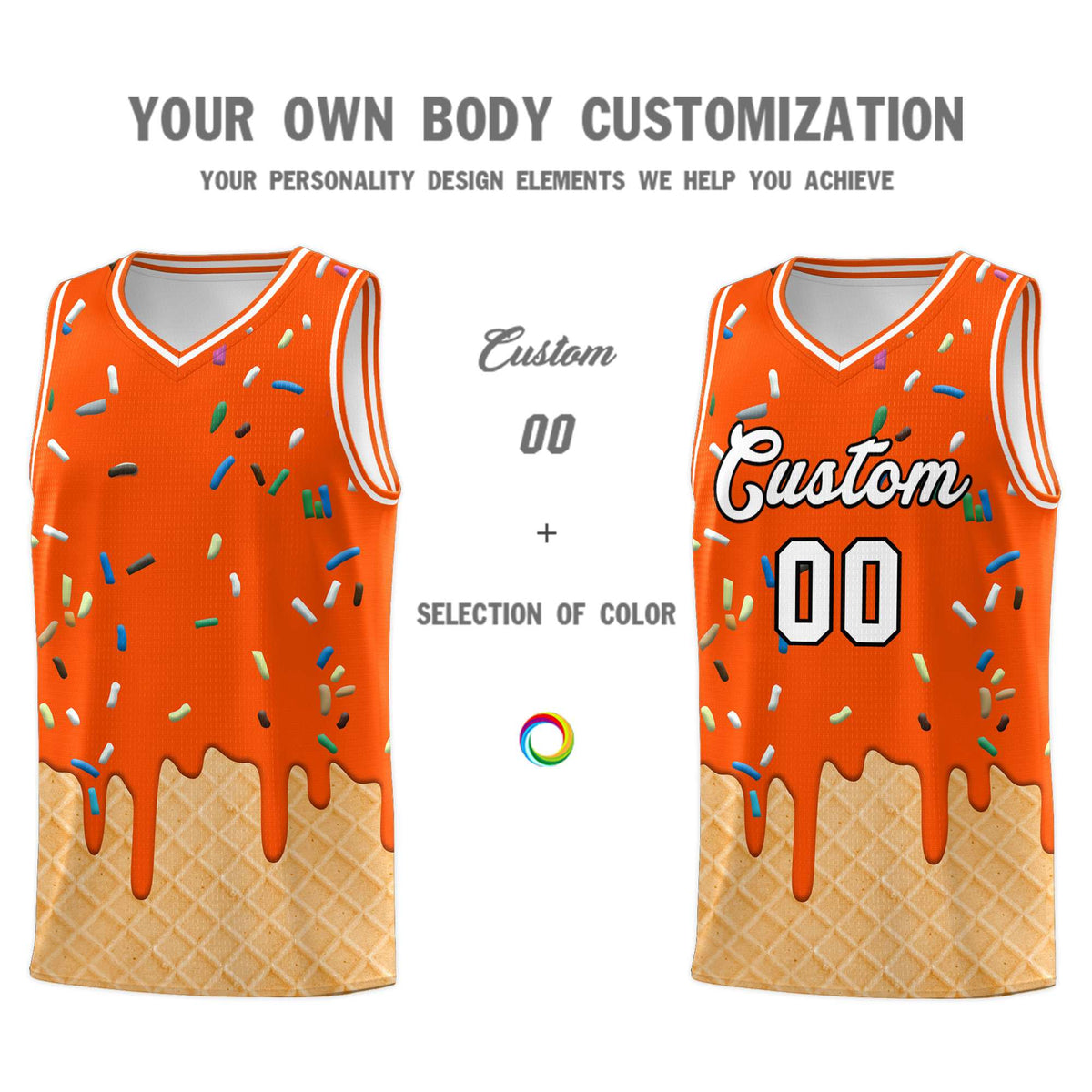Custom Orange Basketball Kits with Ice Cream Element Pattern