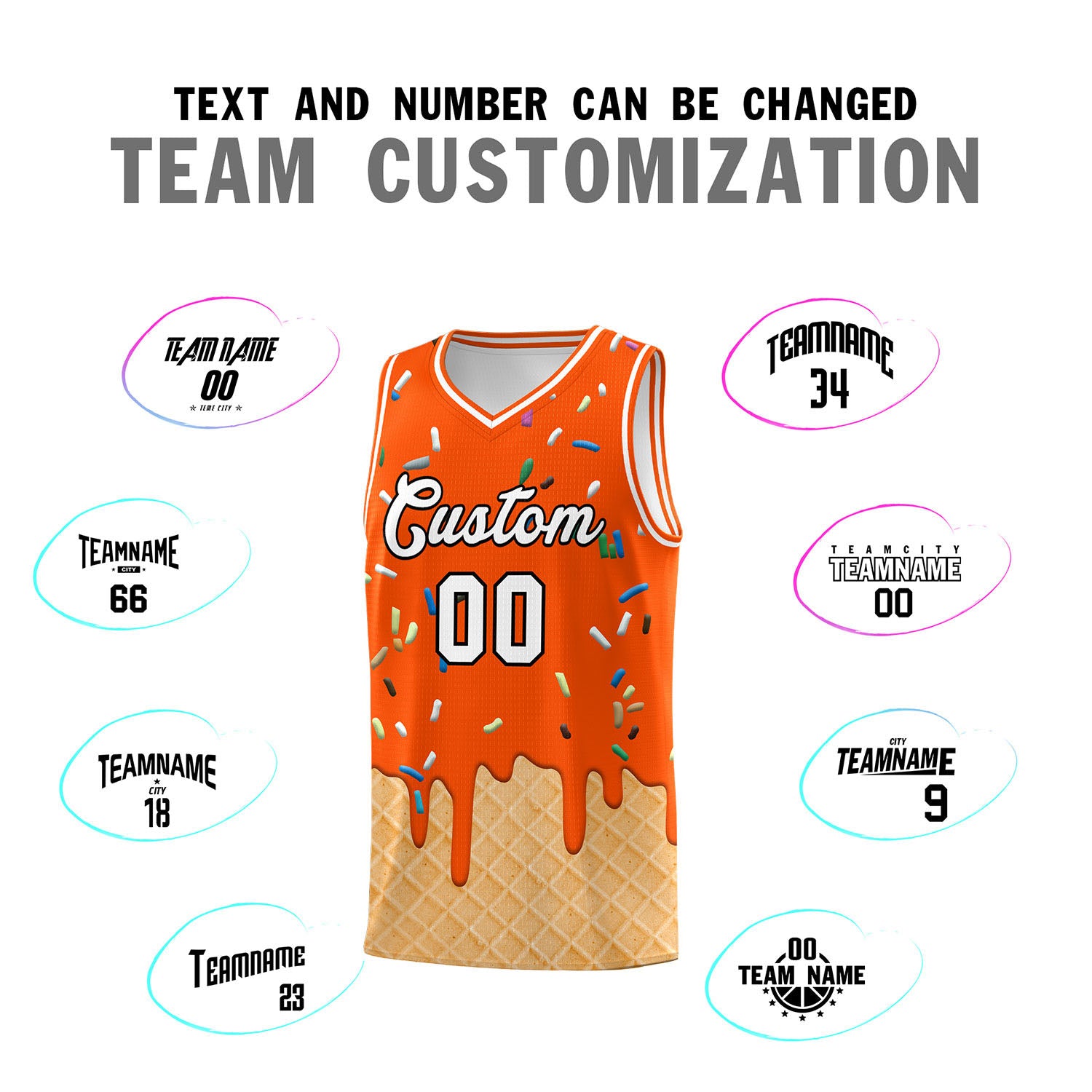 Custom Orange Basketball Kits with Ice Cream Element Pattern