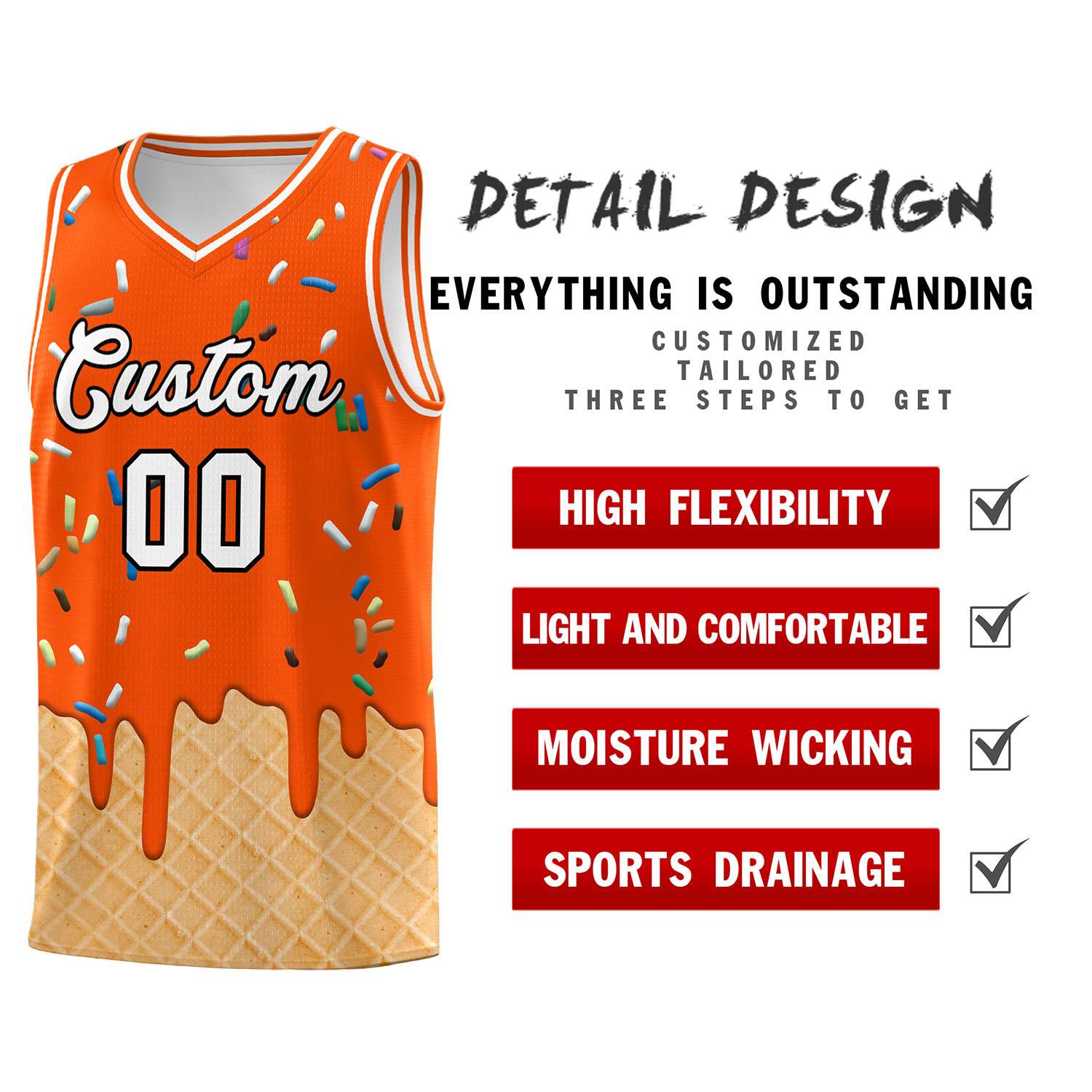 Custom Orange Basketball Kits with Ice Cream Element Pattern