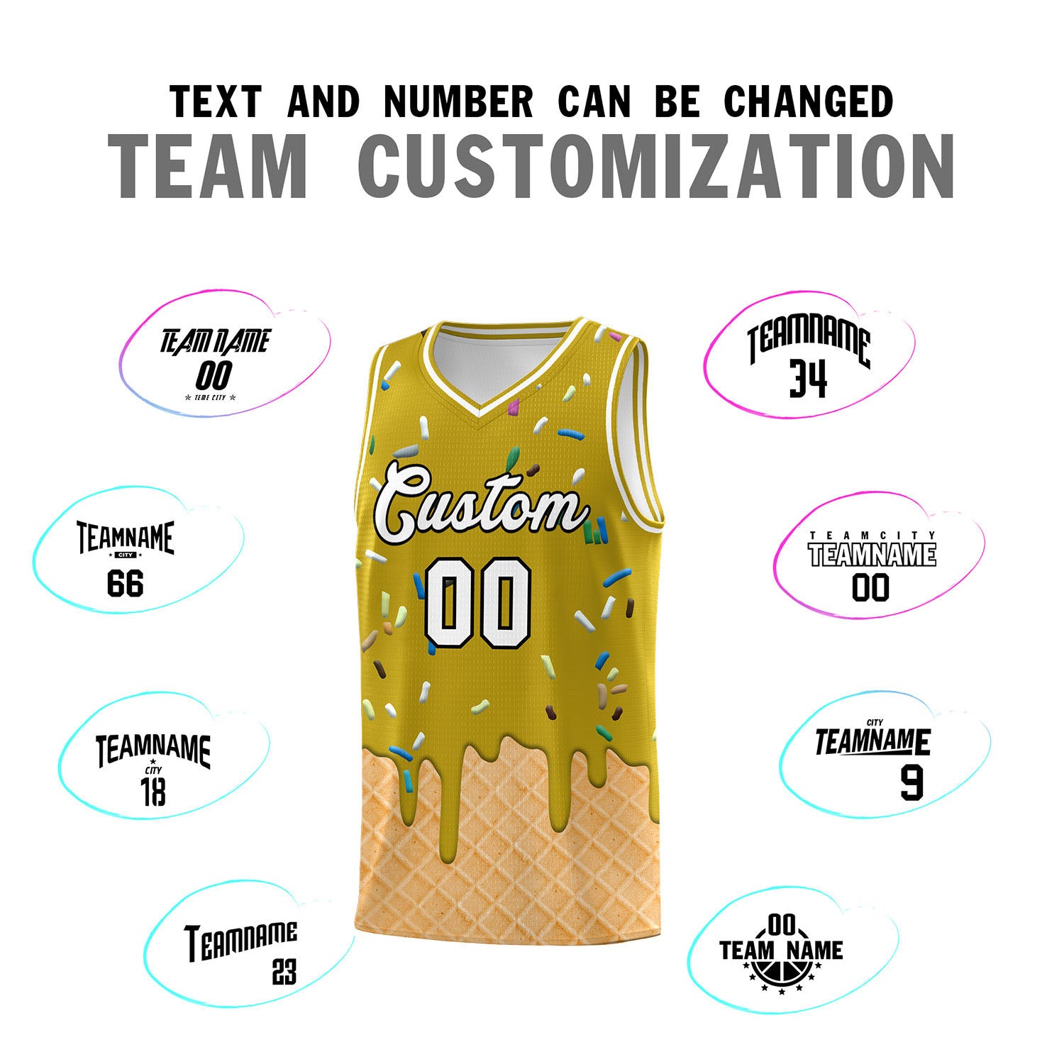 Custom Old Gold Basketball Kits with Ice Cream Element Pattern