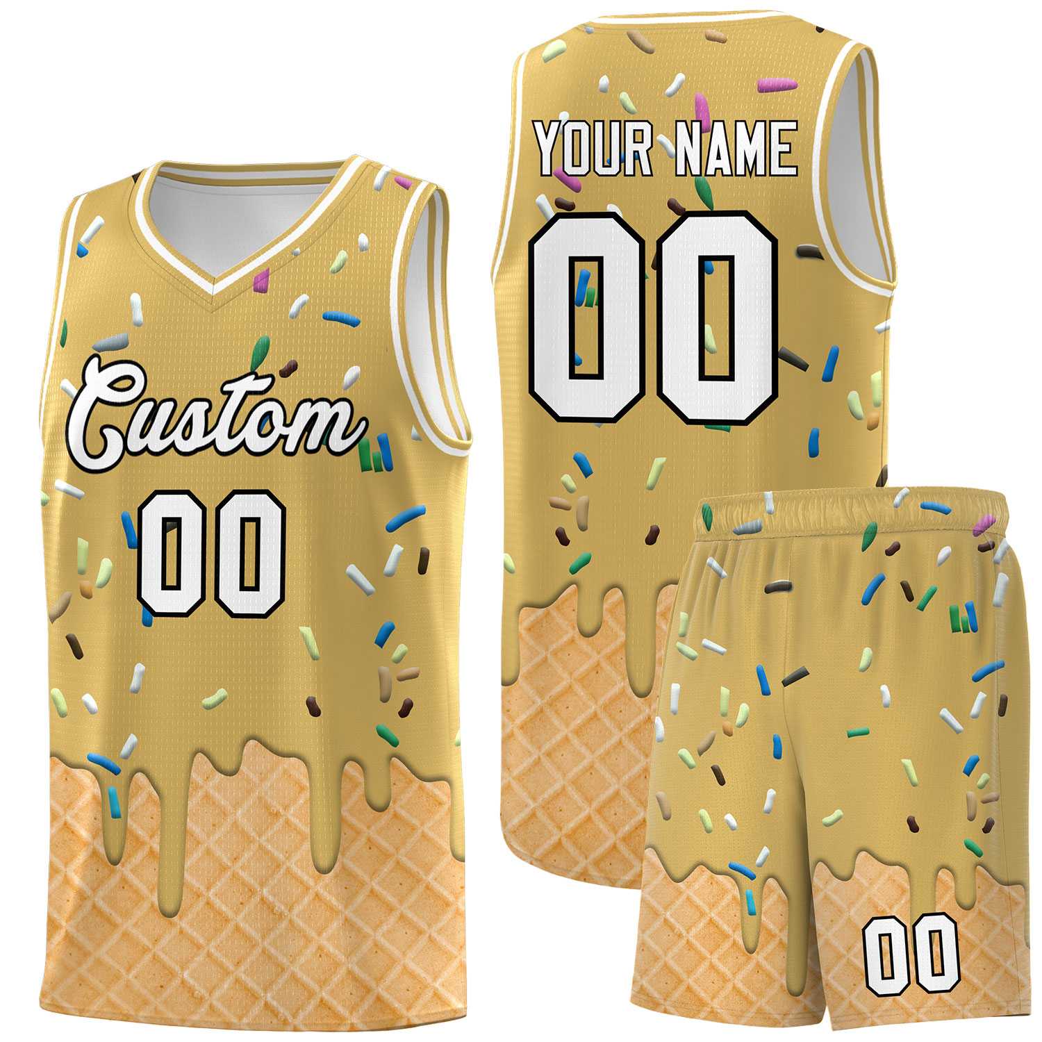 Custom Old Gold Basketball Kits with Ice Cream Element Pattern
