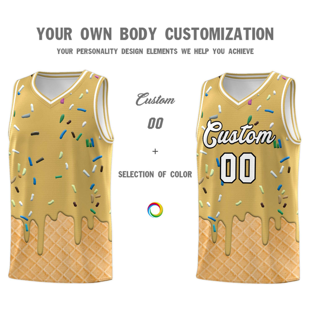 Custom Old Gold Basketball Kits with Ice Cream Element Pattern
