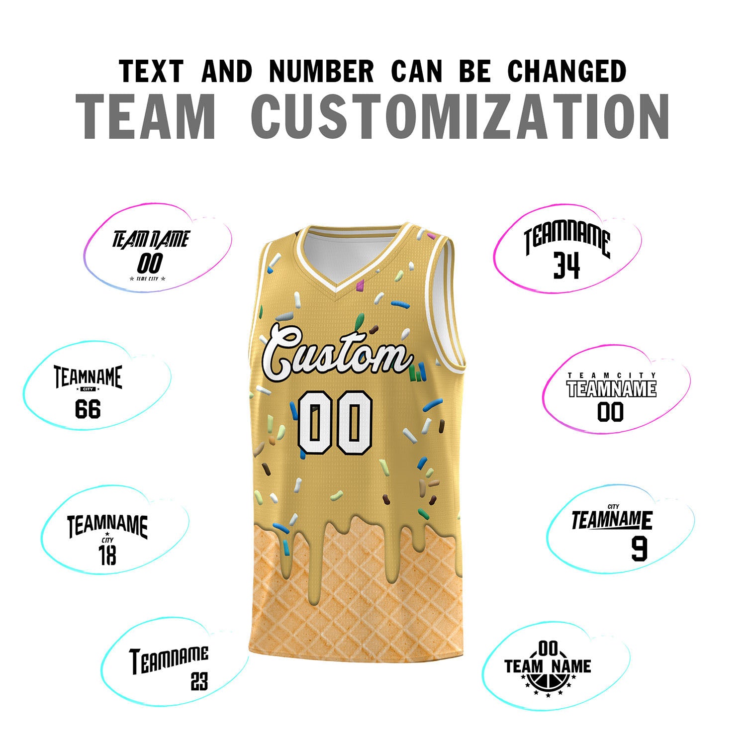 Custom Old Gold Basketball Kits with Ice Cream Element Pattern