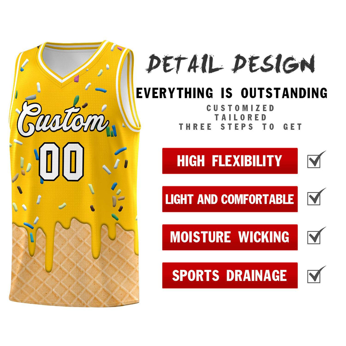 Custom Yellow Basketball Kits with Ice Cream Element Pattern