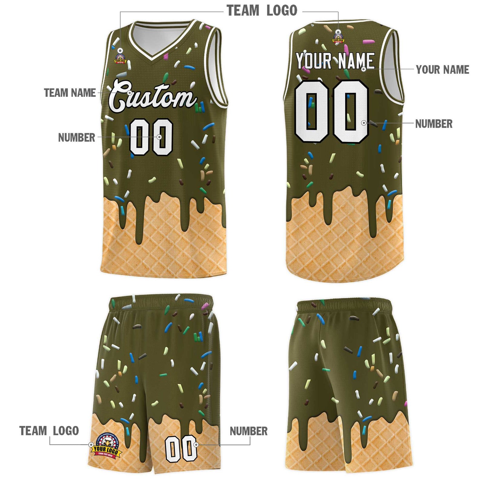 Custom Olive Basketball Kits with Ice Cream Element Pattern