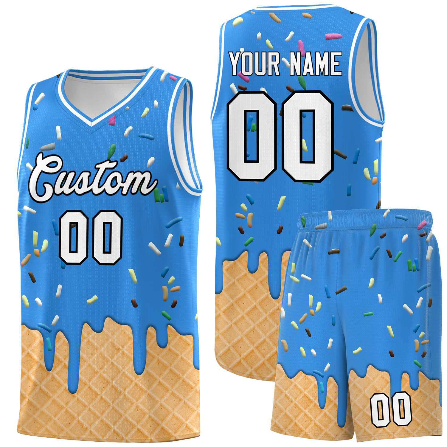 Custom Light Blue Basketball Kits with Ice Cream Element Pattern