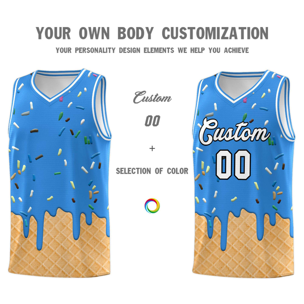 Custom Light Blue Basketball Kits with Ice Cream Element Pattern