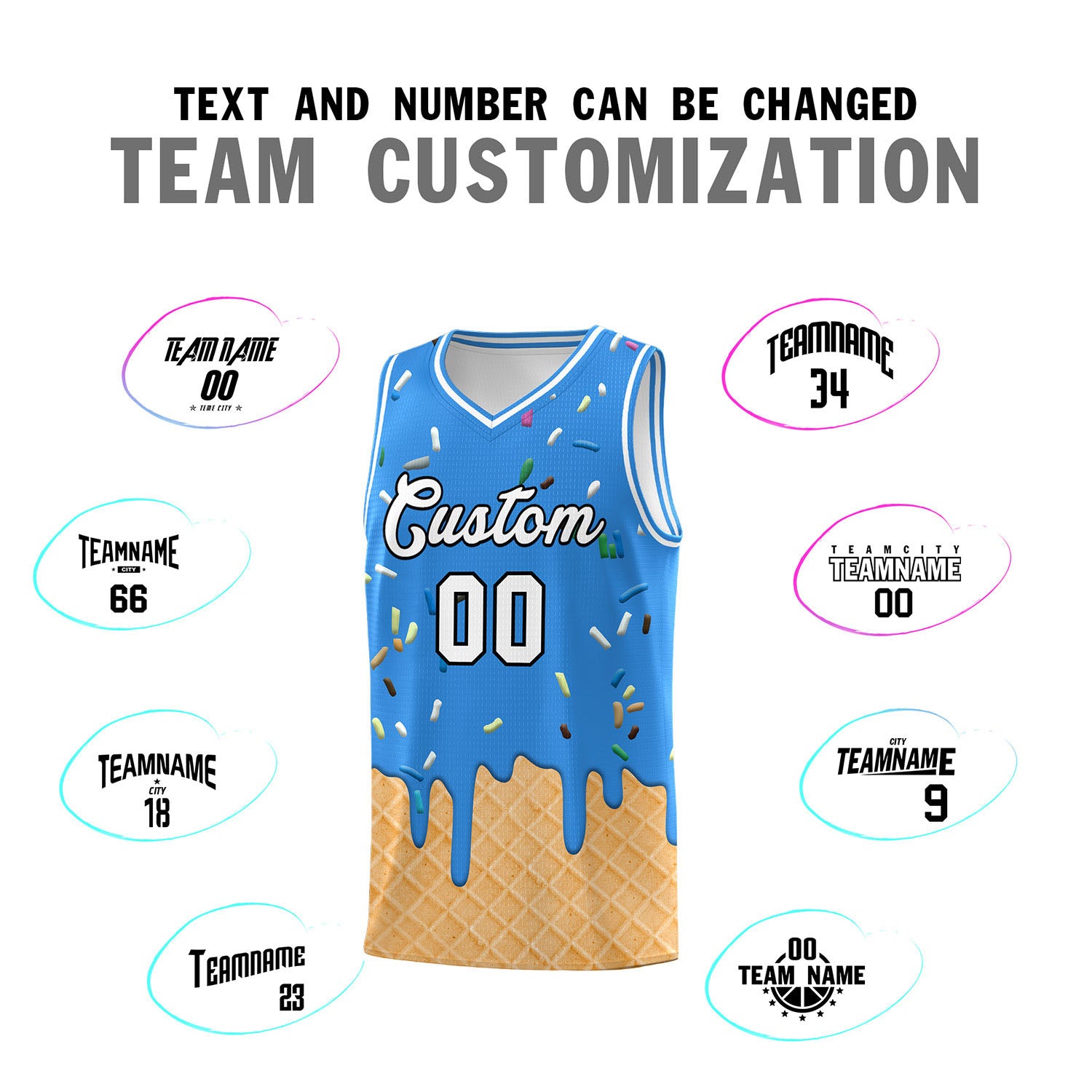 Custom Light Blue Basketball Kits with Ice Cream Element Pattern