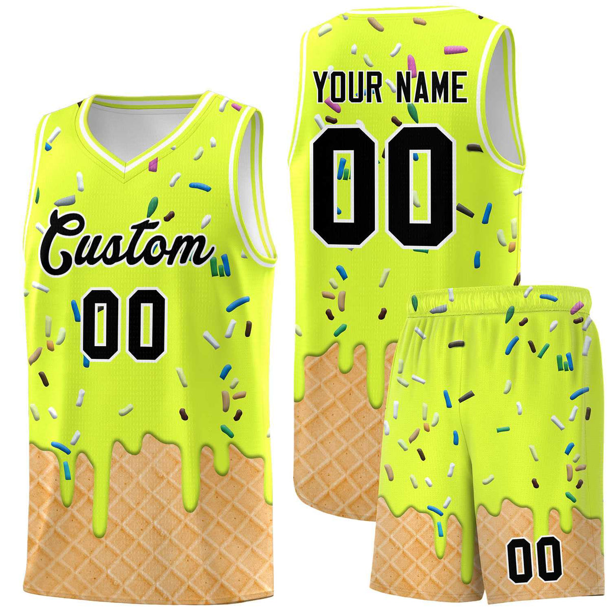 Custom Fluorescent Green Basketball Kits with Ice Cream Element Pattern