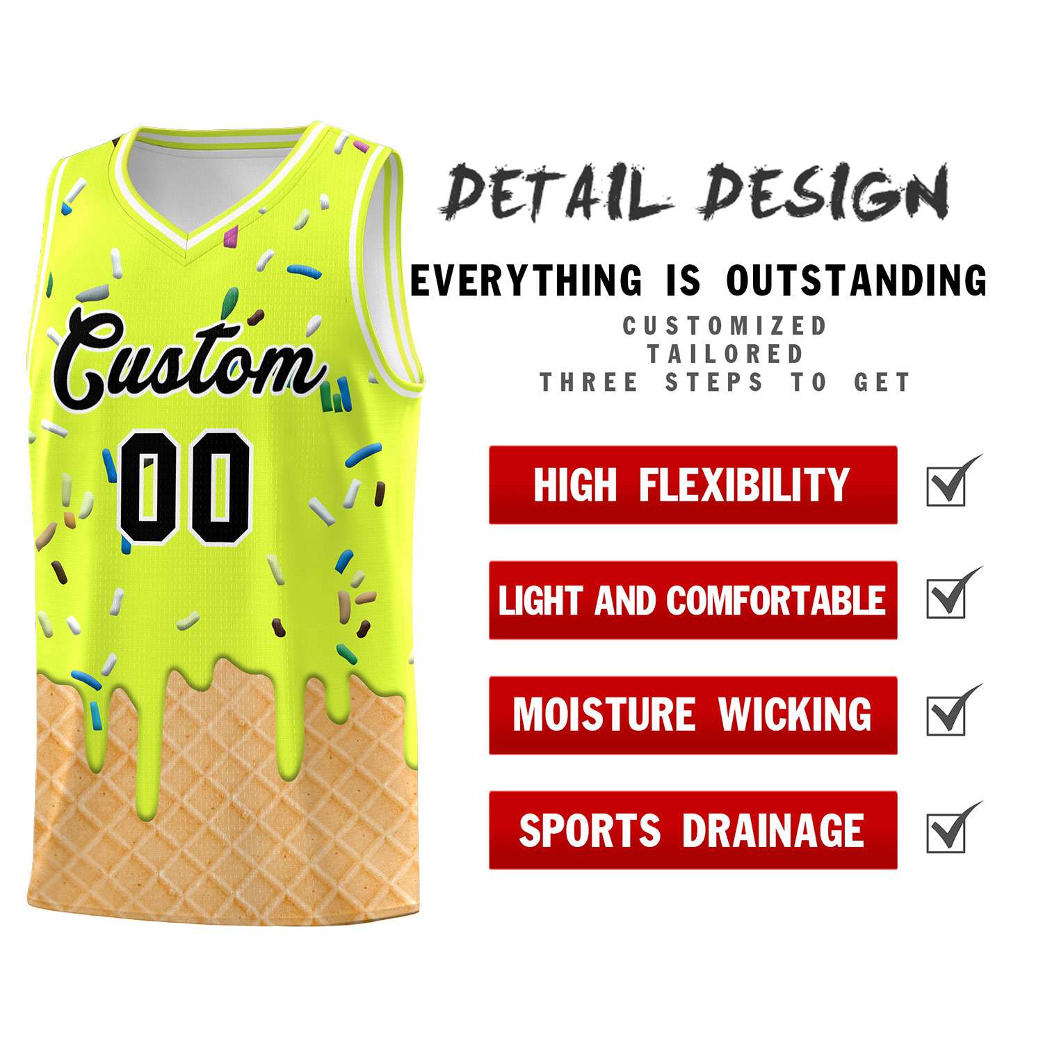 Custom Fluorescent Green Basketball Kits with Ice Cream Element Pattern
