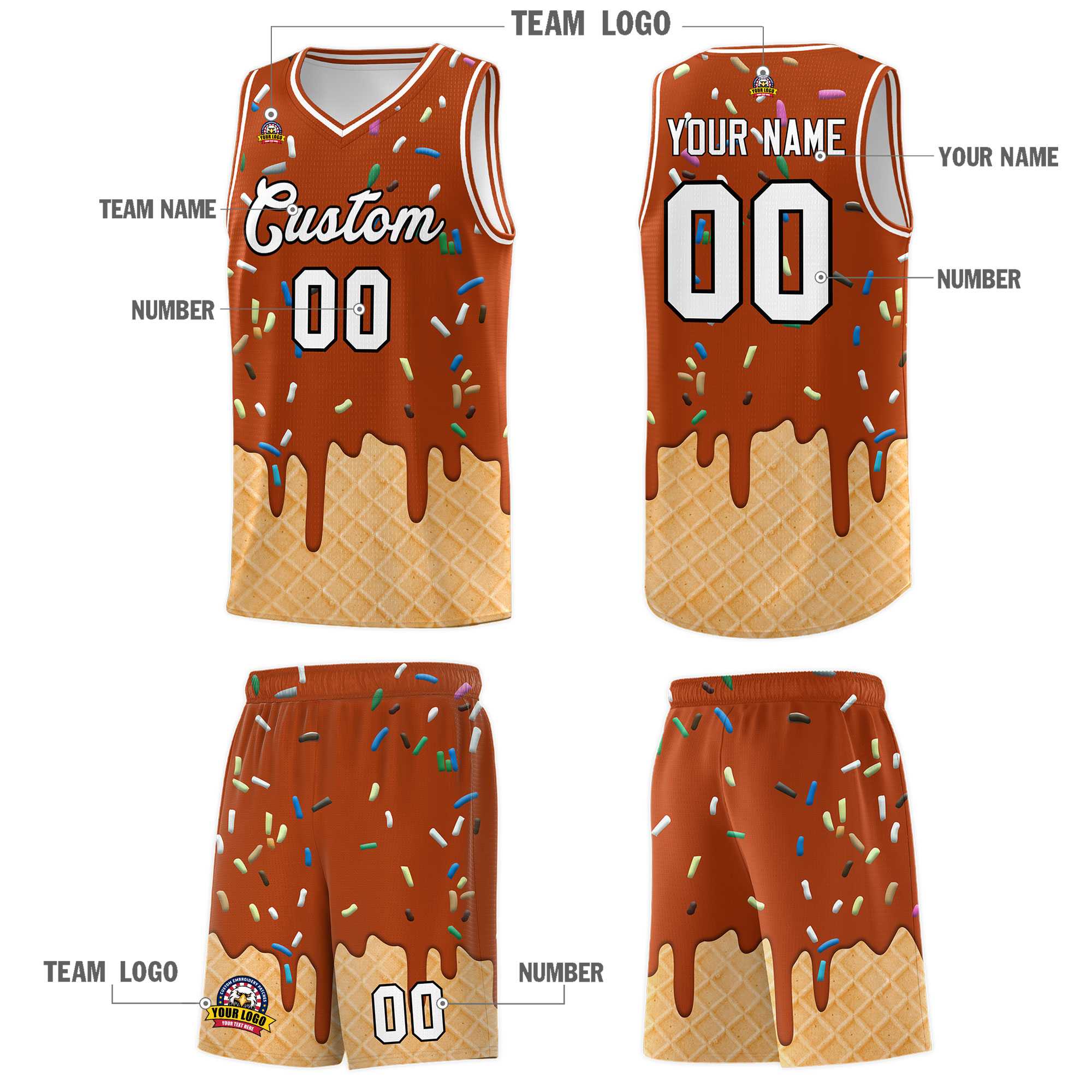 Custom Dark Orange Basketball Kits with Ice Cream Element Pattern
