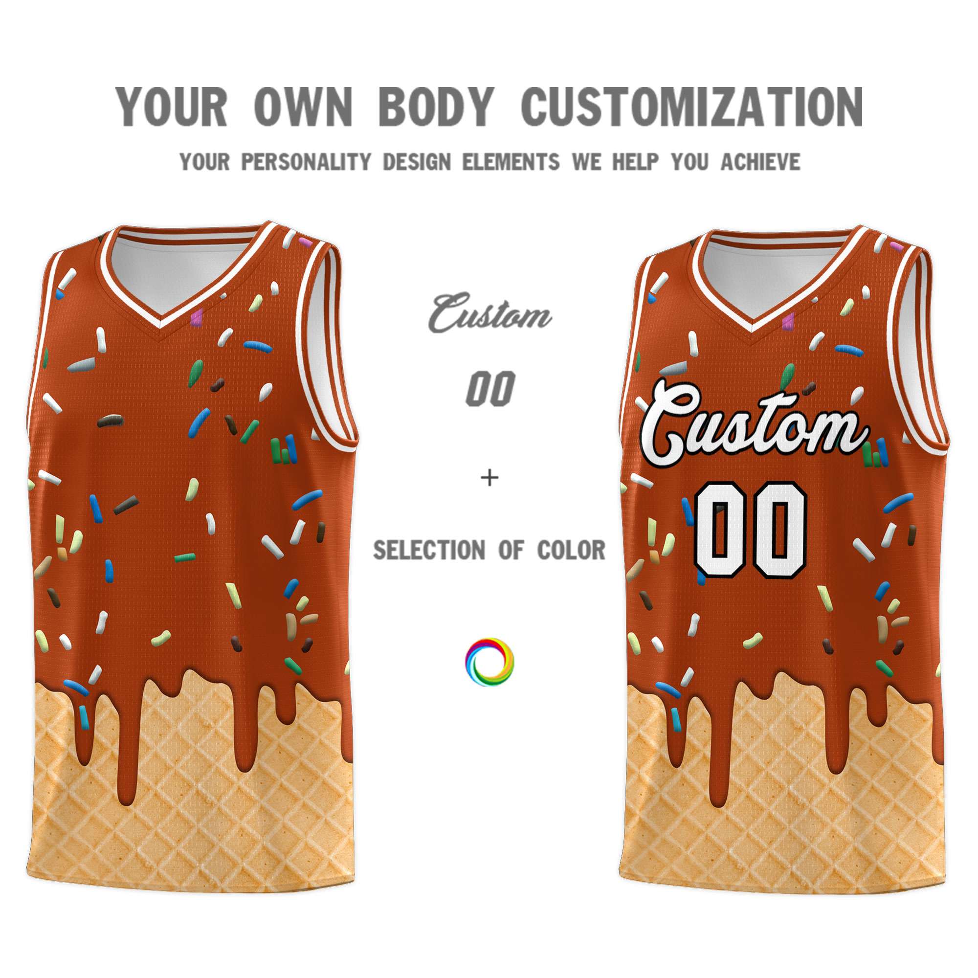Custom Dark Orange Basketball Kits with Ice Cream Element Pattern