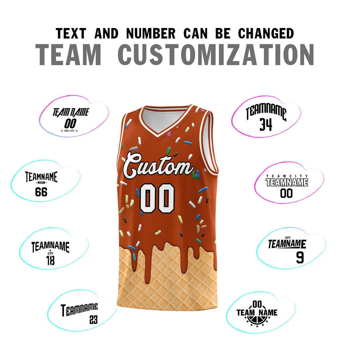 Custom Dark Orange Basketball Kits with Ice Cream Element Pattern