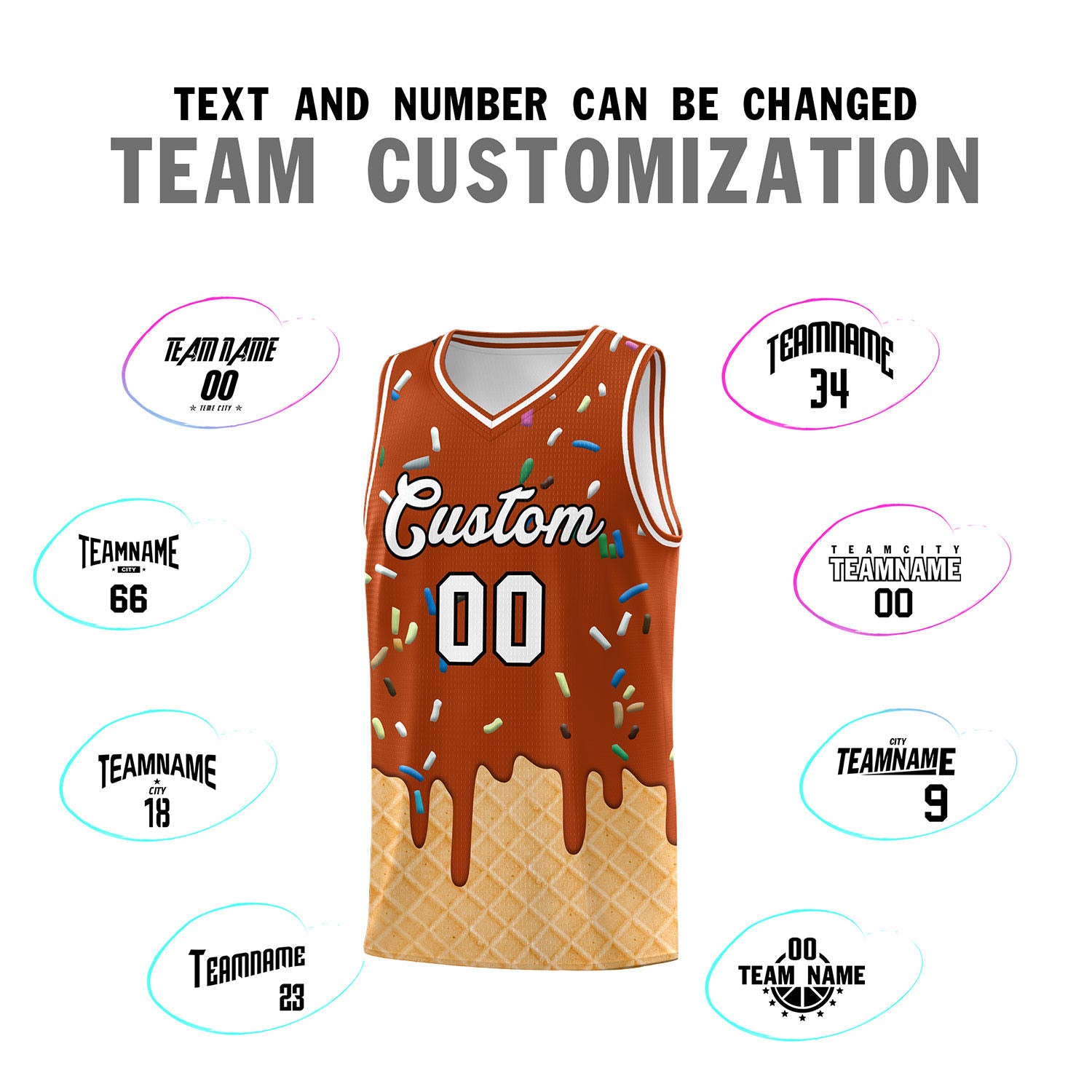 Custom Dark Orange Basketball Kits with Ice Cream Element Pattern