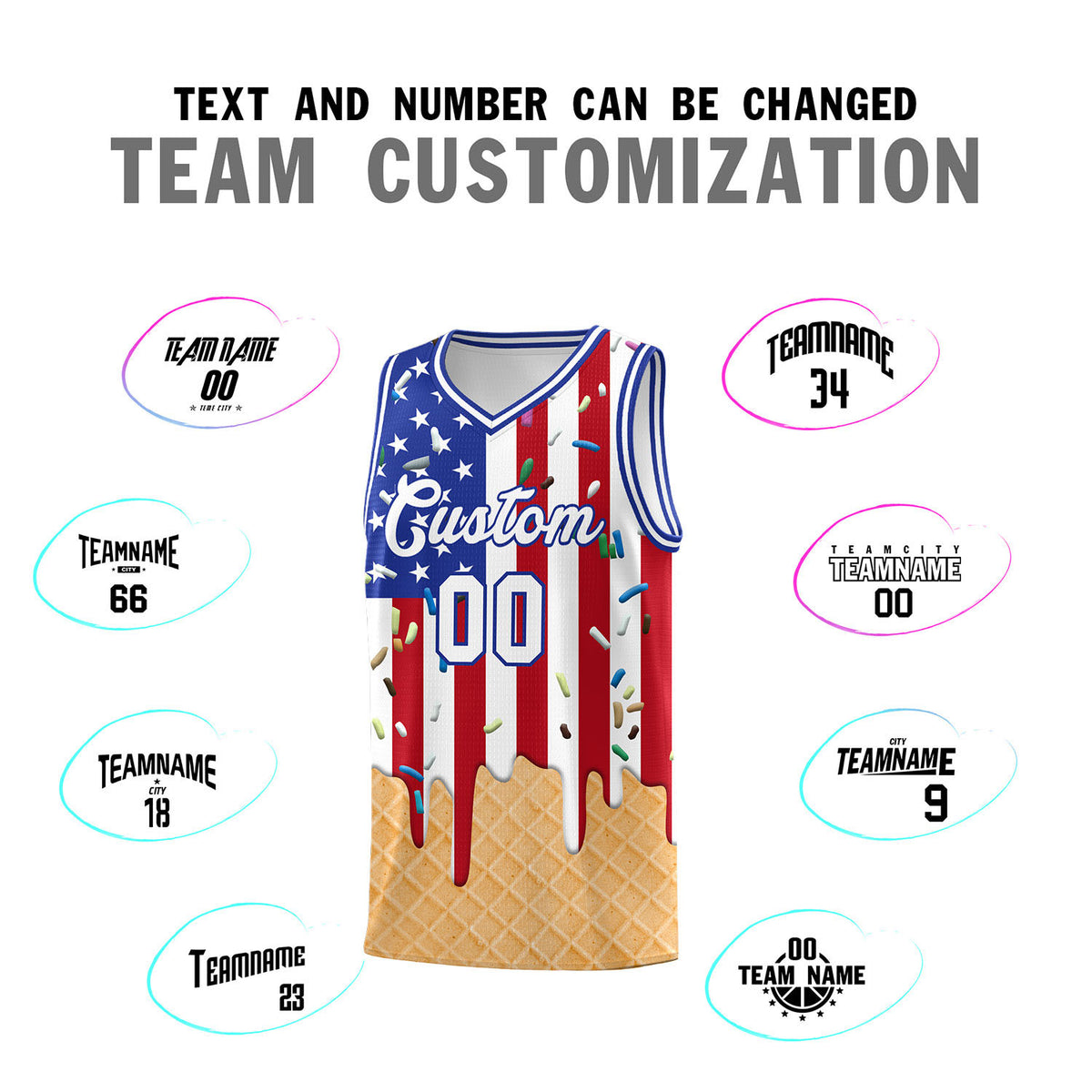 Custom American Flag Basketball Kits with Ice Cream Element Pattern