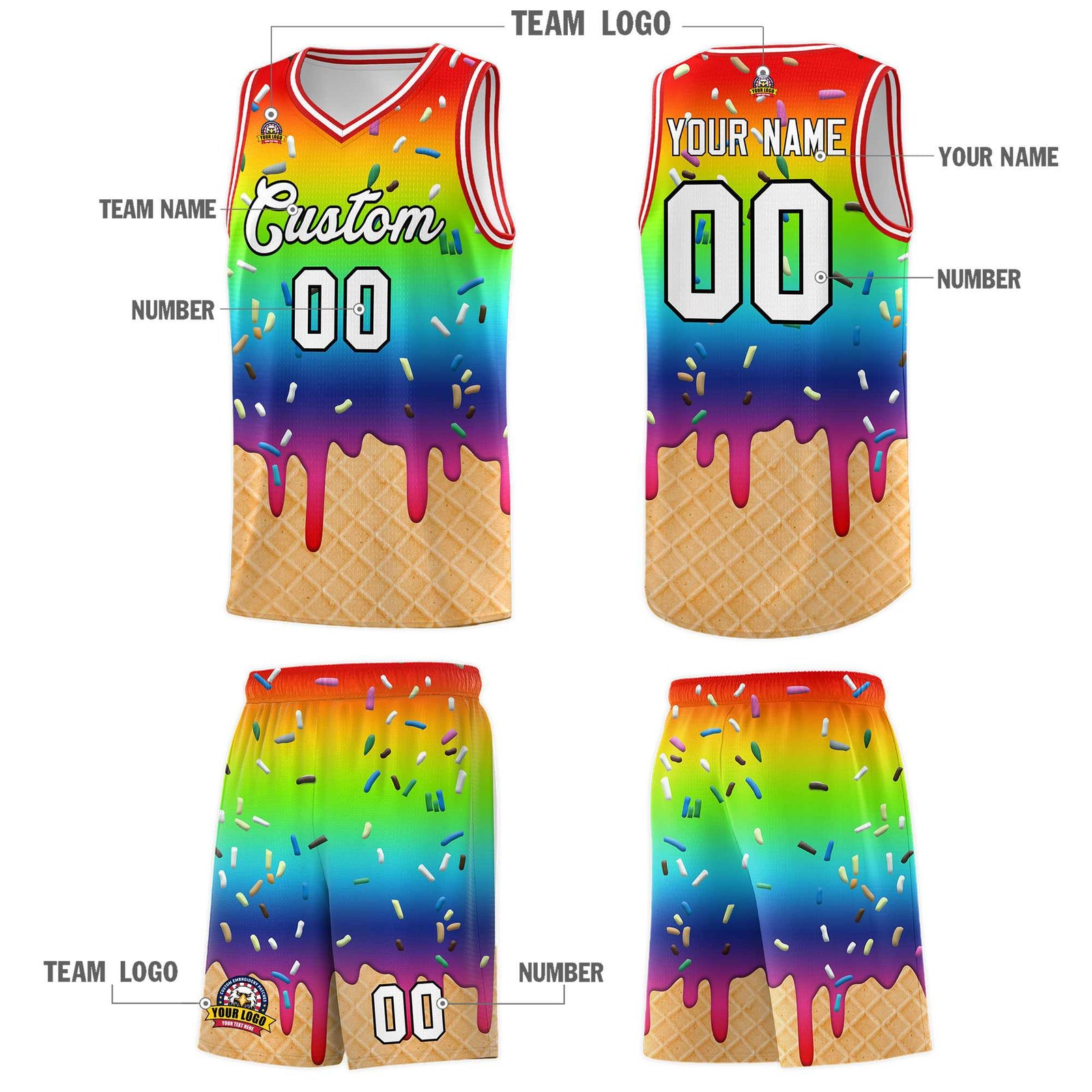 Custom Rainbow Basketball Kits with Ice Cream Element Pattern