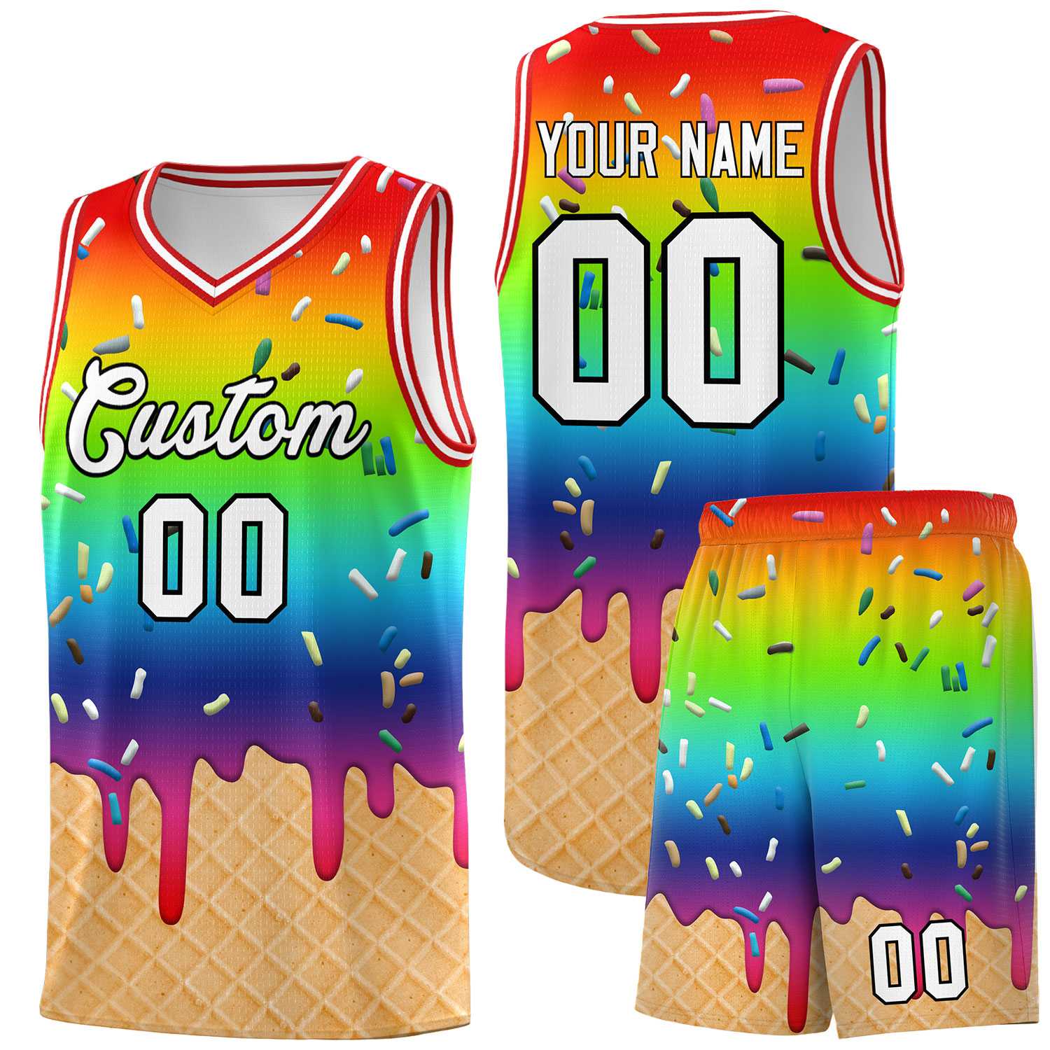 Custom Rainbow Basketball Kits with Ice Cream Element Pattern