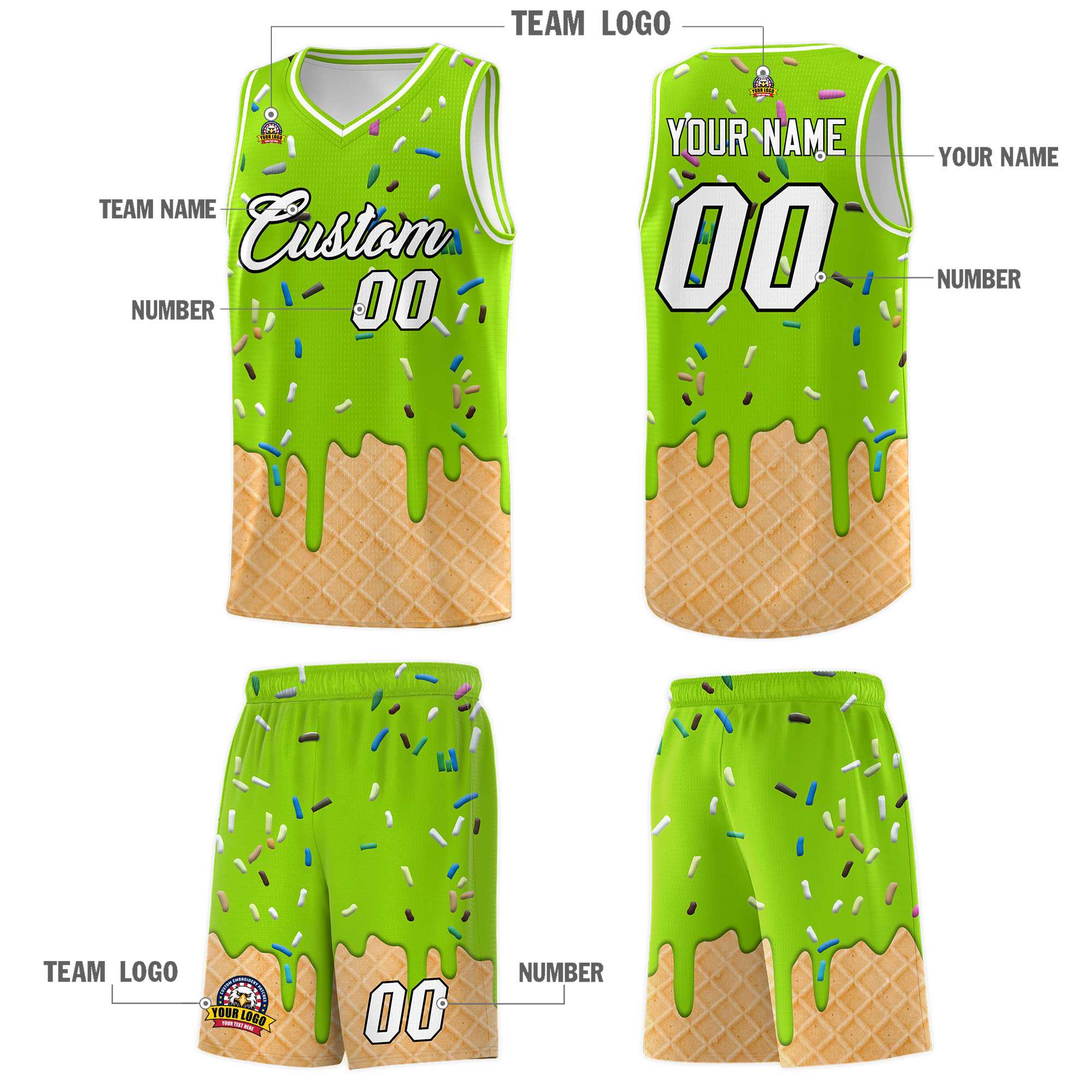 Custom Neon Green Basketball Kits with Ice Cream Element Pattern