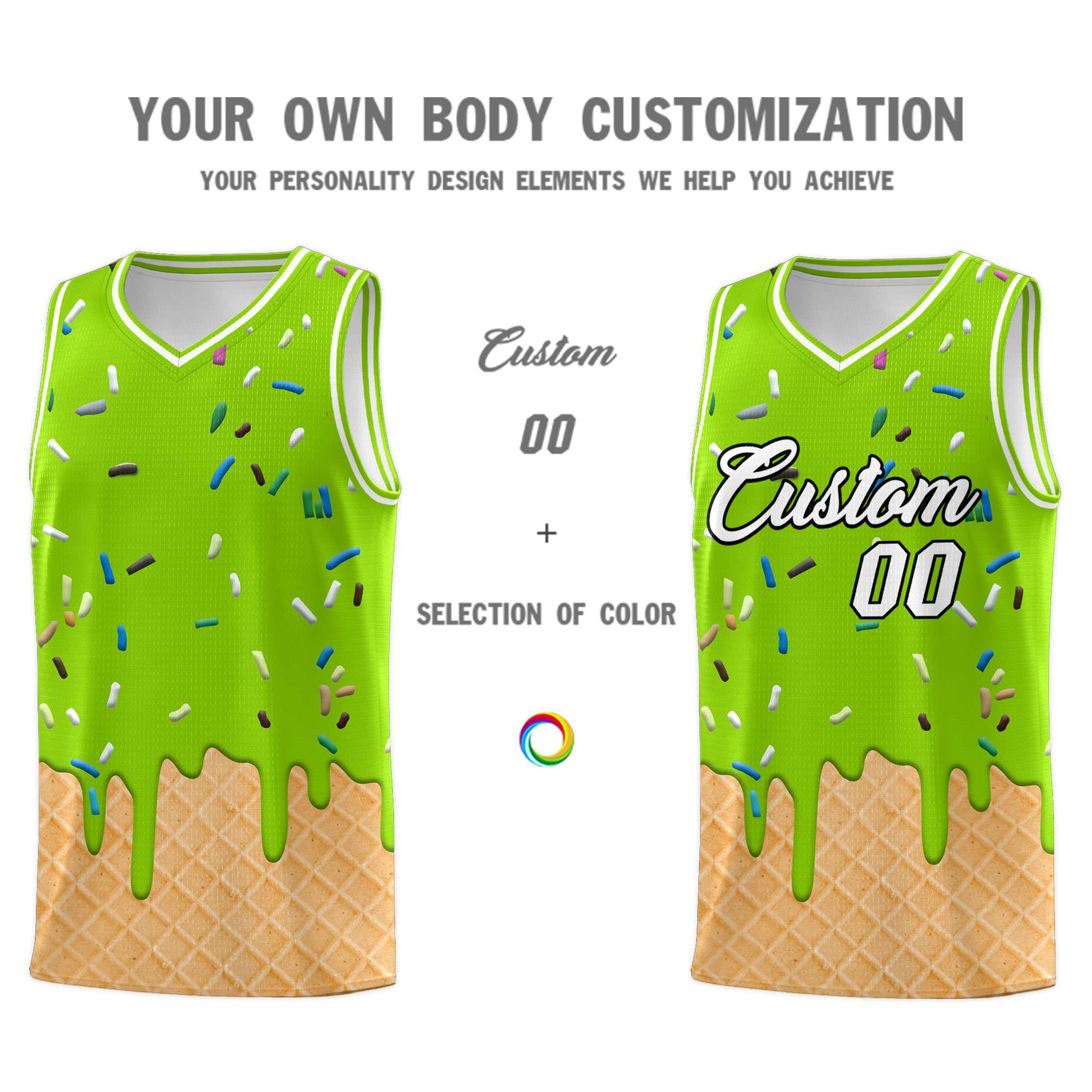 Custom Neon Green Basketball Kits with Ice Cream Element Pattern