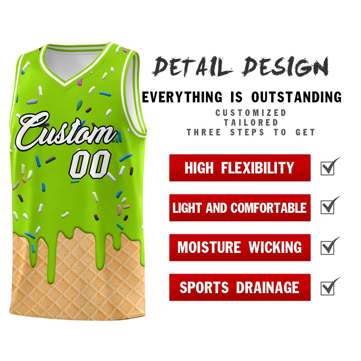 Custom Neon Green Basketball Kits with Ice Cream Element Pattern