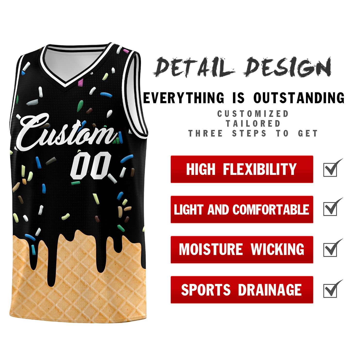 Custom Black Basketball Kits with Ice Cream Element Pattern