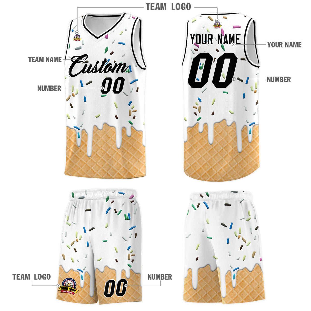 Custom White Basketball Kits with Ice Cream Element Pattern