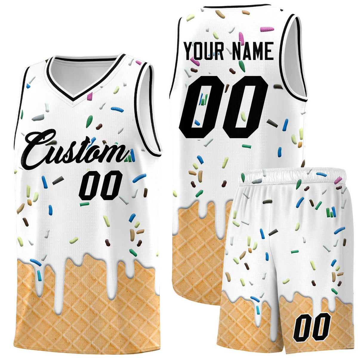 Custom White Basketball Kits with Ice Cream Element Pattern
