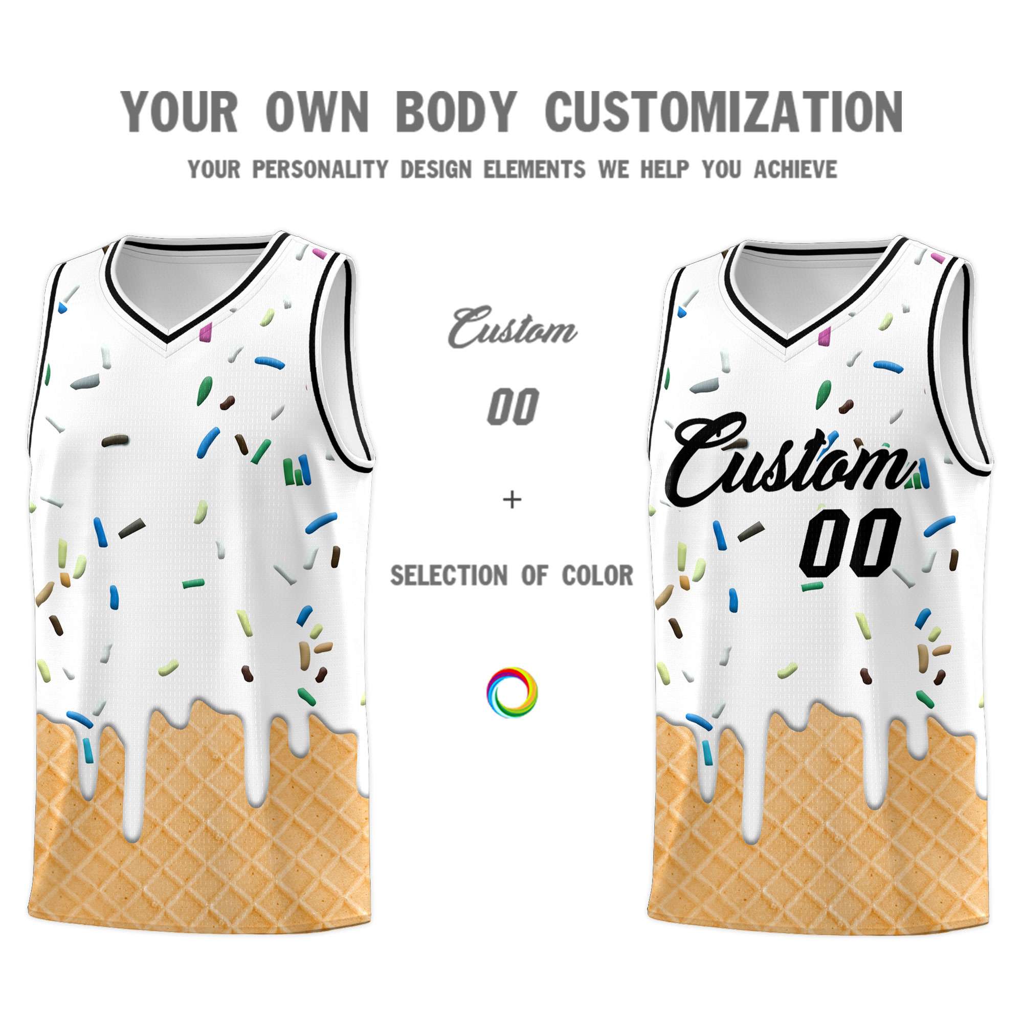 Custom White Basketball Kits with Ice Cream Element Pattern