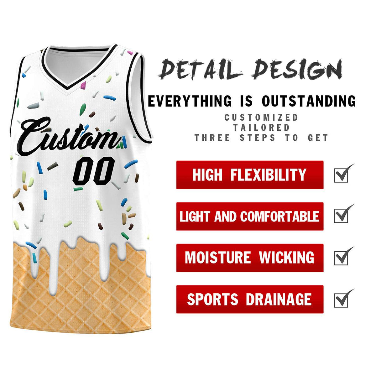 Custom White Basketball Kits with Ice Cream Element Pattern