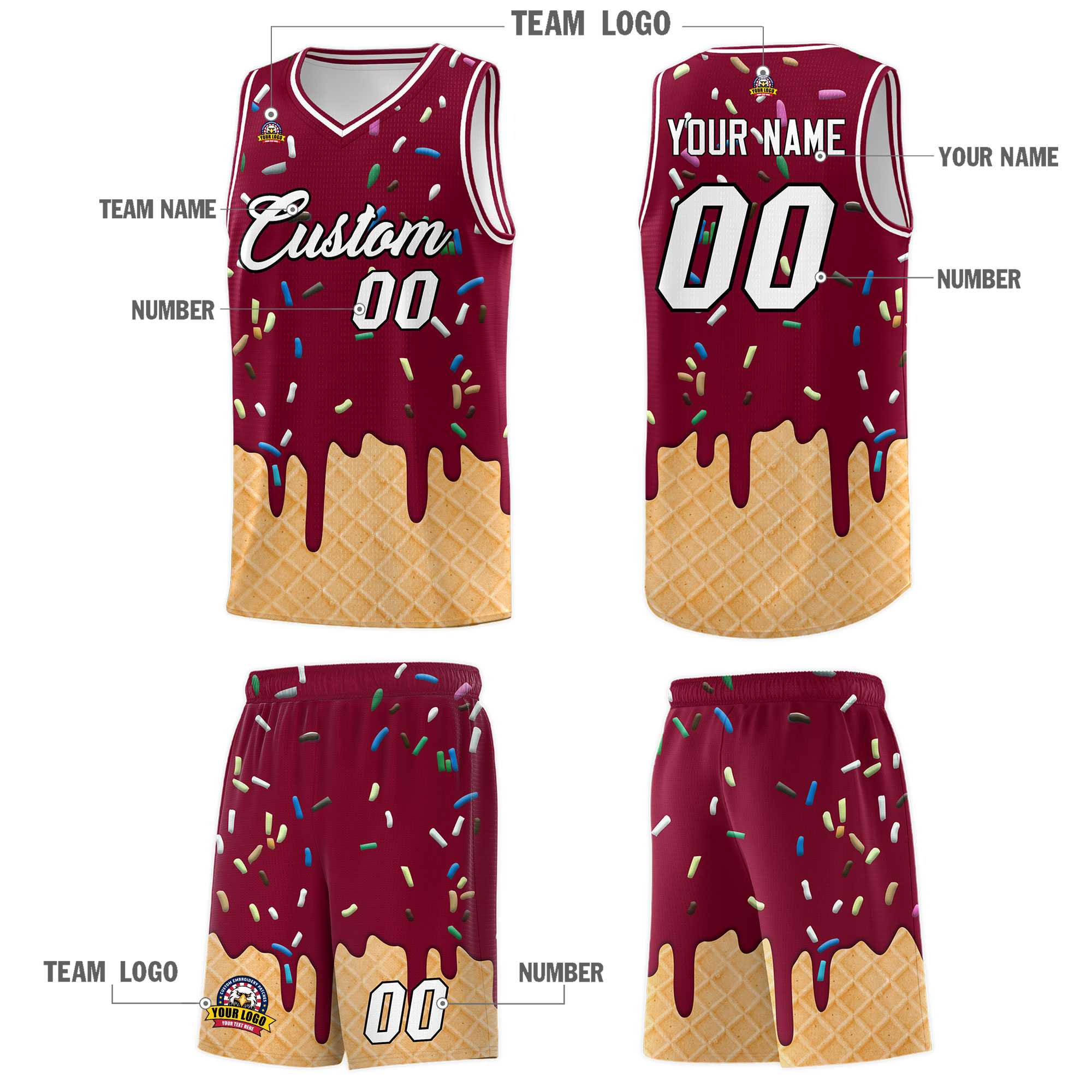 Custom Crimson Basketball Kits with Ice Cream Element Pattern