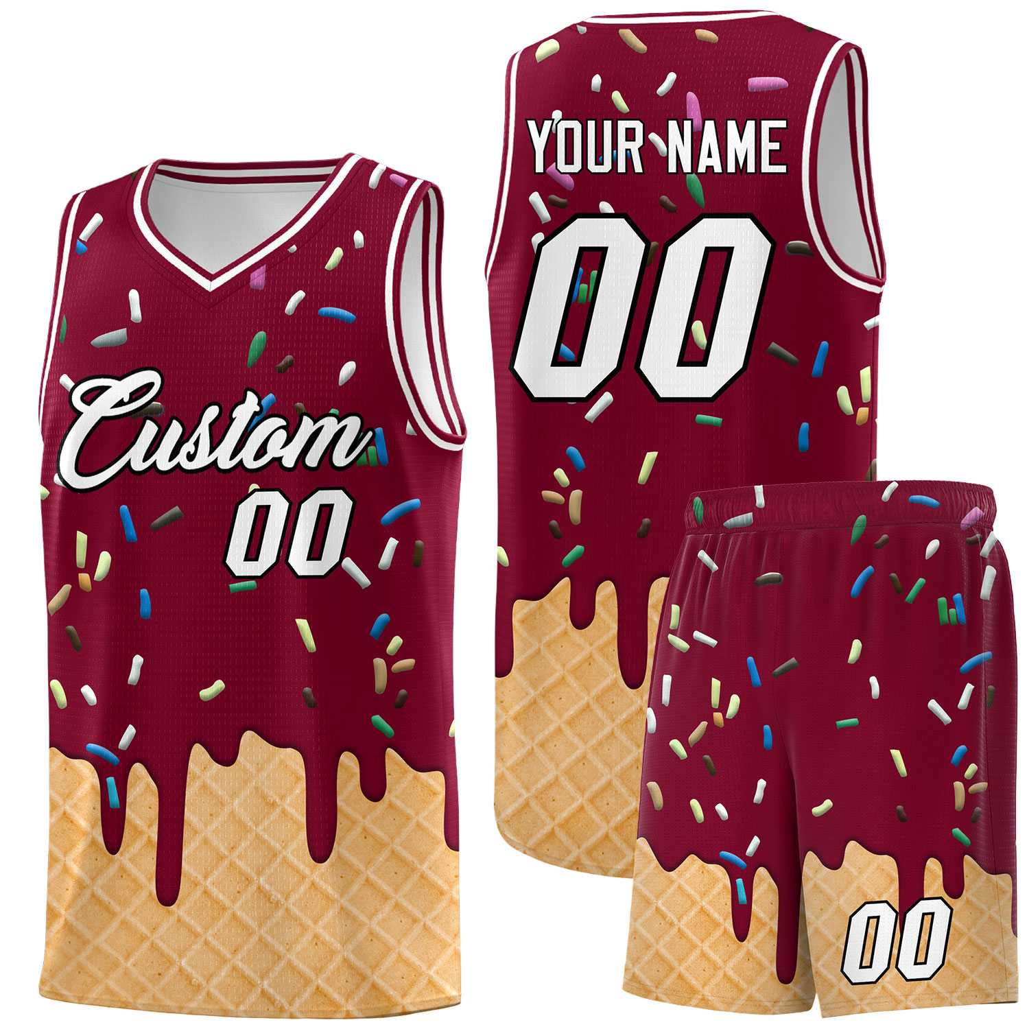 Custom Crimson Basketball Kits with Ice Cream Element Pattern